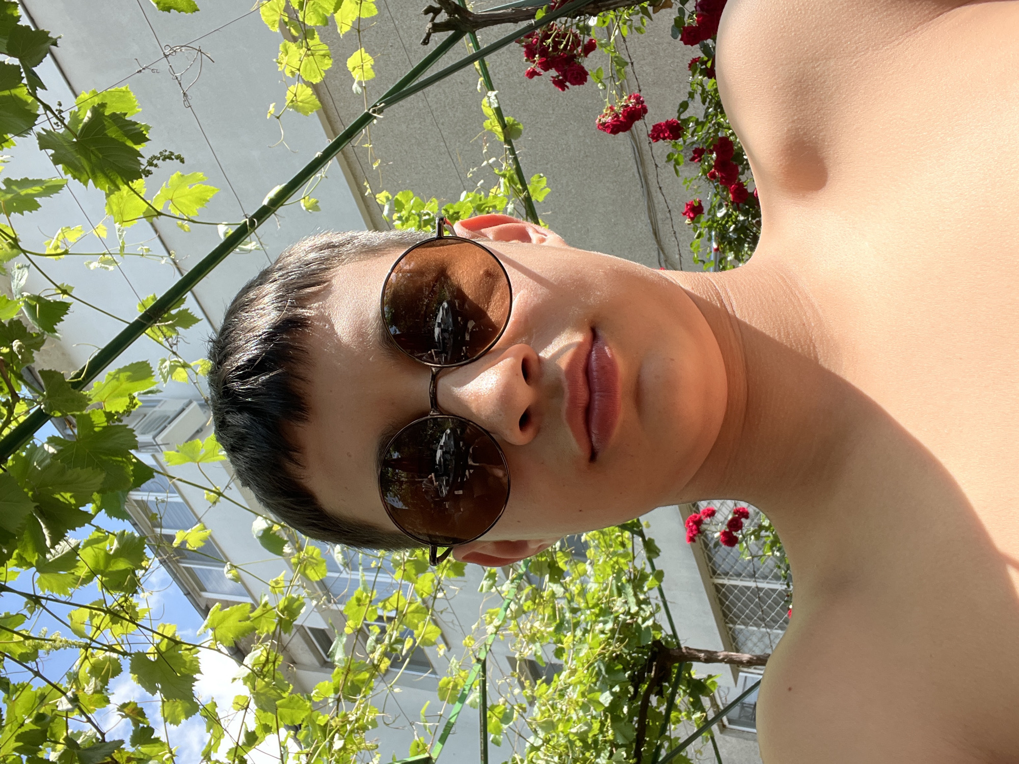 An upward-angled, sunlit close-up captures a person from the chest up, positioned vertically in the frame. The individual, likely a young adult, has short, dark hair and is wearing round, dark-lensed sunglasses that reflect the surroundings indistinctly. Their skin is smooth and appears tan. Their lips are slightly parted, revealing a neutral expression.
The background is a vibrant mix of nature and architecture. Lush green grapevines or similar climbing plants with large, bright green leaves dominate the left side and frame the scene. These plants are supported by a metal trellis or pergola structure. Behind the foliage, a light-colored building with visible windows can be seen, suggesting an urban or suburban environment. On the right side, clusters of bright red roses bloom, adding a splash of color against the building facade.
The lighting is very bright and natural, indicating a sunny daytime setting, likely midday or afternoon, with strong highlights on the person's skin and the leaves. No visible text is present in the image. The overall impression is a casual outdoor portrait taken in a sunny garden or balcony setting.