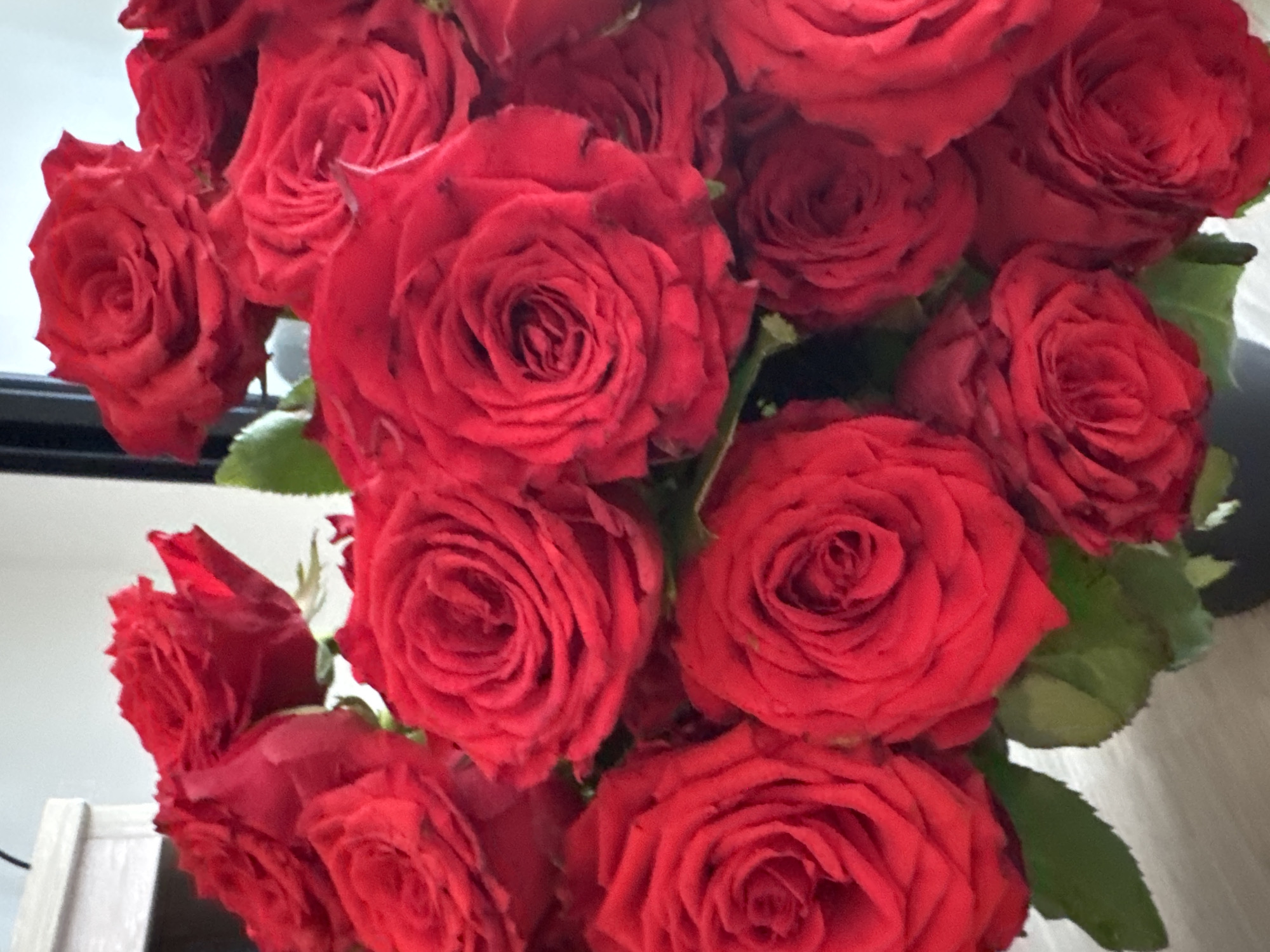 A bouquet of vibrant red roses is displayed in a black vase. The roses are in various stages of bloom, with some fully open and others still tightly budded. Their petals are rich and velvety, creating a sense of depth and texture within the arrangement. Lush green leaves are interspersed among the flowers, adding a contrasting color and natural element to the bouquet. The background is softly blurred, suggesting a shallow depth of field. The lighting appears to be natural, highlighting the rich color of the roses without harsh shadows. There is no indication of the specific location within Kathu, Thailand, as the image focuses solely on the floral arrangement.