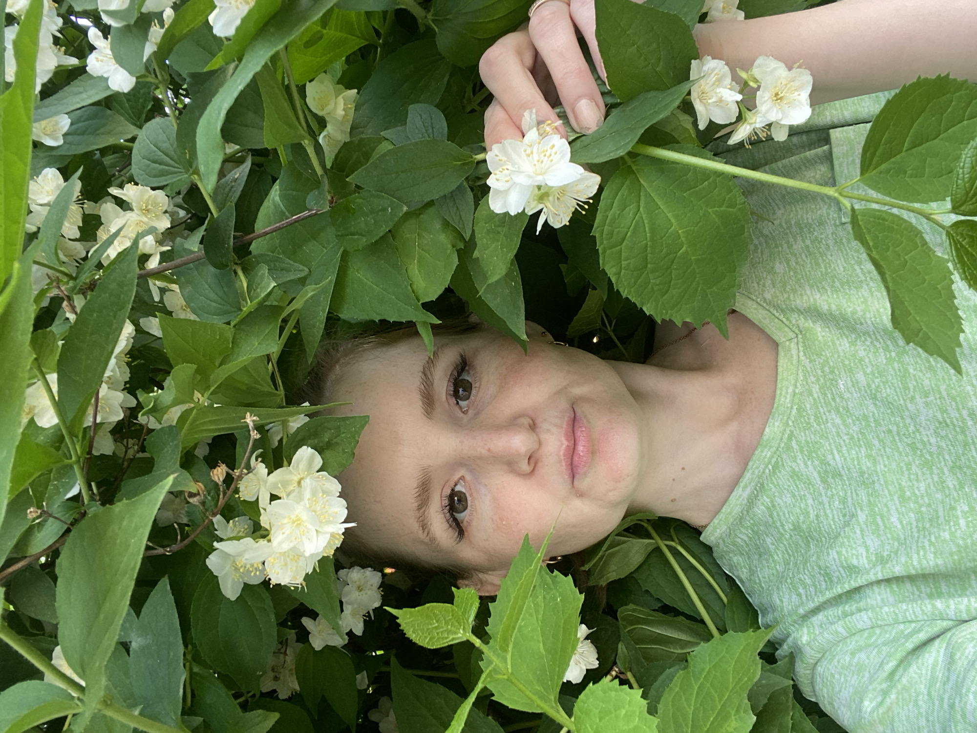 The image is a portrait-style photograph of a young woman lying horizontally amidst a dense, flowering bush, likely jasmine or mock orange, in what appears to be a garden or natural setting in Chaikovsky, Russia.
The woman, with fair skin, brown eyes, and light brown hair, gazes directly at the viewer with a serene and gentle expression. She is wearing a light green, heathered long-sleeved top. Her left hand, adorned with a simple ring on the ring finger, is visible in the upper right quadrant, delicately touching a cluster of the small, white flowers. These abundant blossoms, characterized by distinct yellow stamens, and their vibrant green leaves densely surround and partially obscure her, creating an intimate, almost cocoon-like environment.
The activity depicted is the woman resting or posing within the fragrant foliage, engaging subtly with one of the flowers. The natural, soft lighting suggests a pleasant daytime, possibly late morning or early afternoon. The overall mood conveyed is one of peacefulness, tranquility, and a close connection with nature. No text is visible in the image.