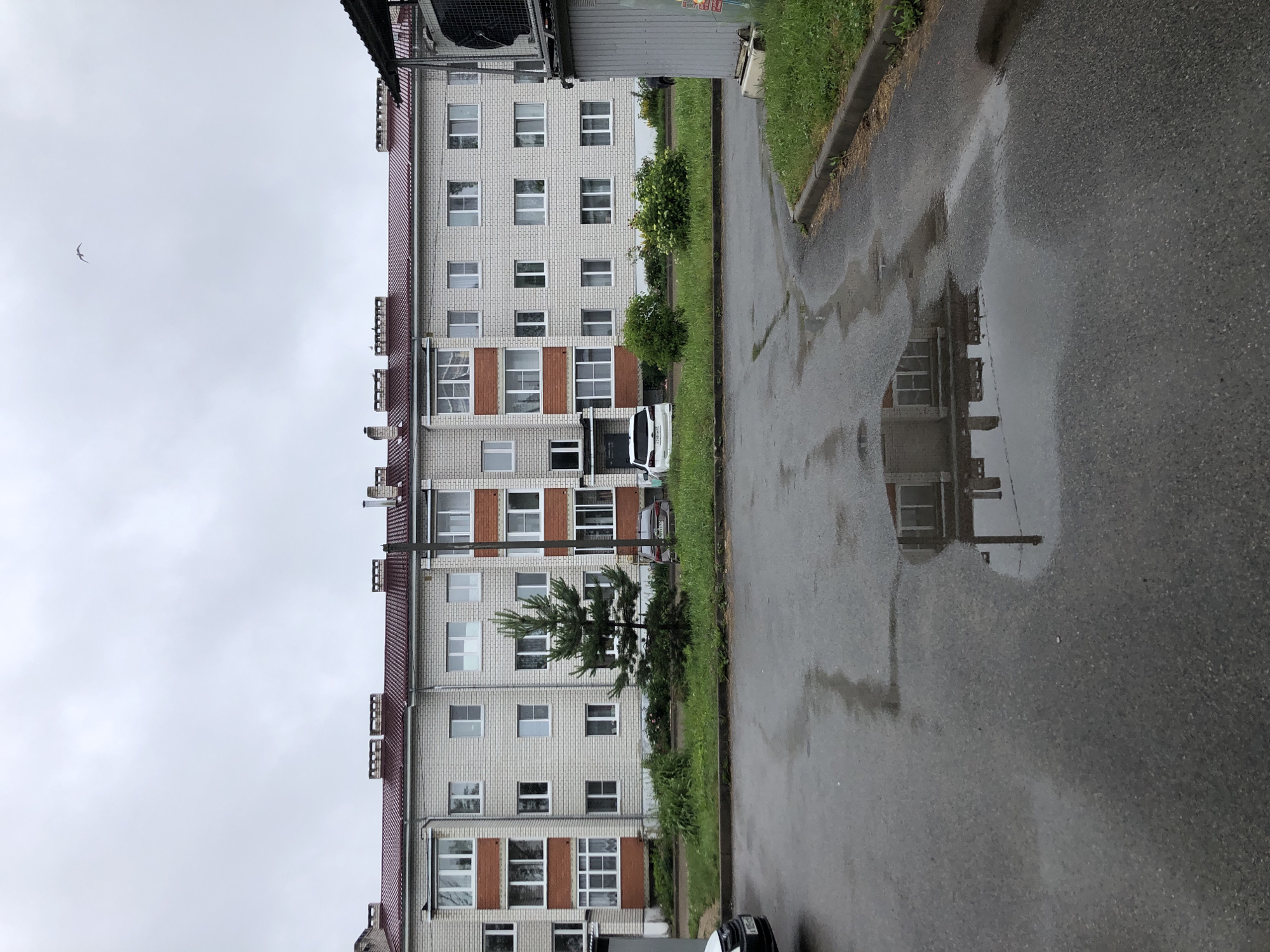 A three-story apartment building with a burgundy roof is shown on a cloudy day. The building is constructed of light-colored brick with red brick accents around some of the windows and balconies. There are numerous windows on each floor, and several chimneys are visible on the roof. In front of the building, there is a strip of grass with a small evergreen tree and some bushes. Several cars are parked in front of the building and on the wet asphalt in the foreground. The asphalt surface shows reflections of the building and a street light in several puddles. A bird is flying in the sky above the building. To the right of the building, a portion of a gray utility structure with a dark mesh-covered object on top is visible. The scene appears to be a residential area in Safonovo, Russia.