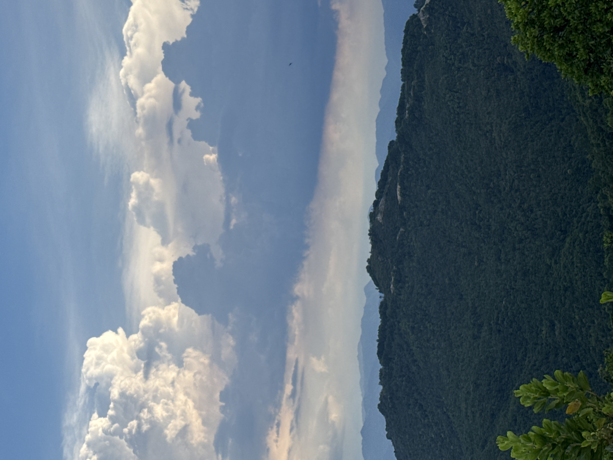 The image captures a sweeping vista of lush green mountains under a dramatic sky filled with billowing clouds. The foreground features vibrant green foliage, suggesting a natural, possibly elevated viewpoint. In the mid-ground, the densely forested slopes of a prominent mountain range dominate, with a lighter, flatter area visible on its summit. Beyond this, layers of hazy blue mountain ranges recede into the distance, indicative of a wide, expansive landscape. The sky is a dynamic canvas of bright, white cumulus clouds contrasted with darker, more ominous storm clouds, with a faint sliver of sunlight illuminating the horizon. A single dark bird is visible in flight against the cloudscape. This scene is representative of the natural beauty found in and around Nam Nha Trang Ward, Vietnam, a region known for its mountainous terrain and picturesque skies.