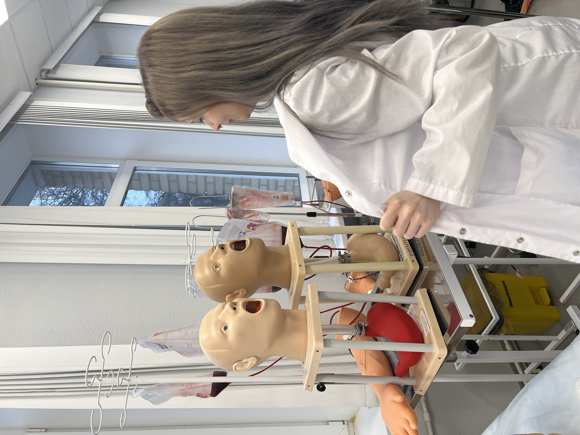 A young woman with long, light brown hair, wearing a white lab coat, is depicted in profile, looking down intently. She is in a medical training laboratory, engaged in a practical session. Two tan-colored medical training mannequins, consisting of heads and torsos with open mouths, are centrally positioned on a metal frame. One mannequin clearly shows a red, heart-like organ within its chest cavity. Clear tubing, some containing reddish fluid, connects the mannequins to hanging clear plastic bags, also containing simulated bodily fluids, which are suspended from white metal racks. Other mannequin parts, including a limb, are partially visible in the lower right.
The woman appears focused and serious, likely observing or adjusting the setup for educational purposes. Bright daylight streams through a large window with blinds in the background, revealing bare tree branches outside, indicating it is daytime. Beneath the mannequins, a yellow container, likely a biohazard waste bin, is visible. Text on this container reads "Инновация" (Innovation). A label on one of the mannequin stands partially shows "Университет" (University) and the numbers "4103130/1". The scene depicts a practical medical training or education session, likely for healthcare students or professionals, located in Moscow, Russia.