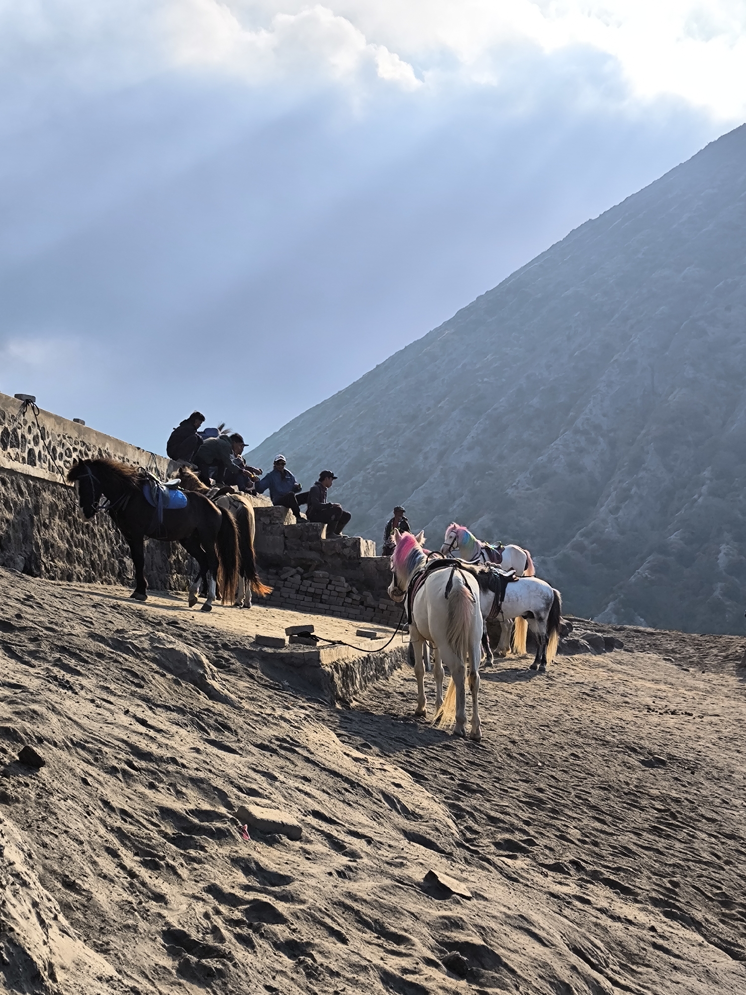 A group of people and several horses are gathered on a dusty, rocky terrain, likely a volcanic landscape given the texture of the ground and the imposing, sloping mountainside in the background. The scene appears to be set in a somewhat arid environment, with a clear blue sky and sunlight suggesting it's daytime. The light casts shadows, indicating the sun is either rising or setting, though the bright light suggests midday or early morning.
The people are seated and standing on a stone wall and steps, some appearing to be guides or handlers, while others might be tourists. Several horses are saddled, suggesting they are available for rides. Some of the horses have brightly colored manes, adding a touch of vibrancy to the scene. One horse in the foreground is dark brown, while others are lighter in color, including white and a dappled grey.
The overall atmosphere seems relaxed, with individuals waiting or resting. The mountainous backdrop, partially obscured by haze or mist, hints at a remote and natural location. The rough, uneven ground and the presence of the horses suggest this might be a location where horse riding is a popular activity, perhaps for exploring the volcanic terrain. There is no visible text in the image.