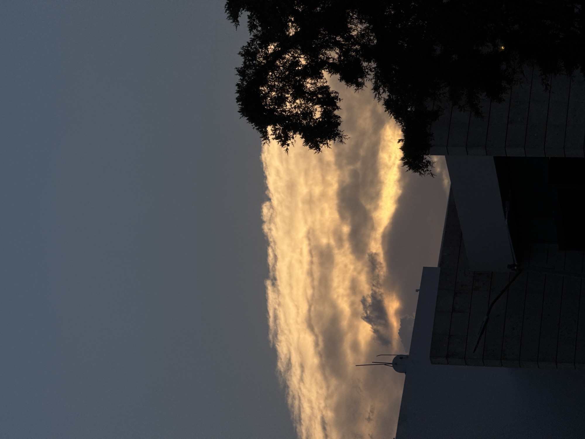 The image, taken in San Bernardino Tlaxcalancingo, Mexico, depicts a sky at dusk, partially obscured by a silhouette of tree branches and a building. A broad, striated cloud formation stretches vertically, illuminated with a golden-yellow hue. The surrounding sky is a dark, dusky blue. The building is made of concrete blocks, with parts in deep shadow. An antenna is visible on the building.