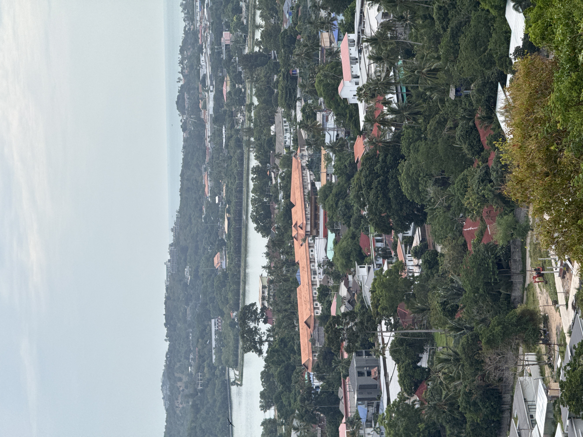 This is an aerial, wide-angle view of a densely vegetated area with scattered buildings and a body of water in Ko Samui District, Thailand. The landscape is characterized by rolling hills covered in lush green trees and palm trees, indicative of a tropical environment. Numerous residential buildings, mostly with red or orange tiled roofs, are interspersed among the foliage. Some larger structures, possibly hotels or apartment complexes, are visible, particularly on the higher ground and along the coastline.
In the mid-ground, a tranquil lake or lagoon is visible, reflecting the overcast sky. Beyond the lake and the coastal hills, the calm, pale blue ocean stretches to the horizon, meeting a hazy sky. A few small boats or ships are barely discernible on the water in the distance. The overall scene suggests a well-developed but nature-integrated community, likely a tourist destination given the presence of resort-like buildings. No people are visible in the image. The atmosphere appears serene and slightly hazy, typical of a humid tropical climate. The foreground features more dense foliage and a few structures closer to the viewer, with some showing signs of construction or renovation.