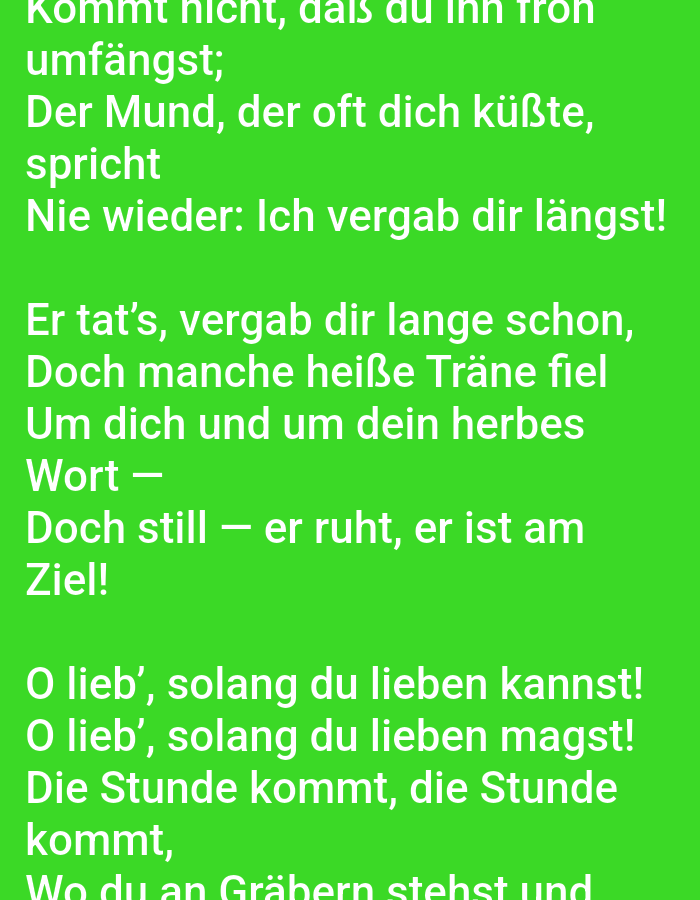 The image shows a section of text in German, written in white font against a bright green background. The text appears to be lyrics from a song or poem. The text is arranged in lines and stanzas, with some lines starting with capital letters and others not. The content of the text discusses love, forgiveness, and the passage of time. There is no indication of the city of Tallinn, Estonia, or any real-world scene within the image.