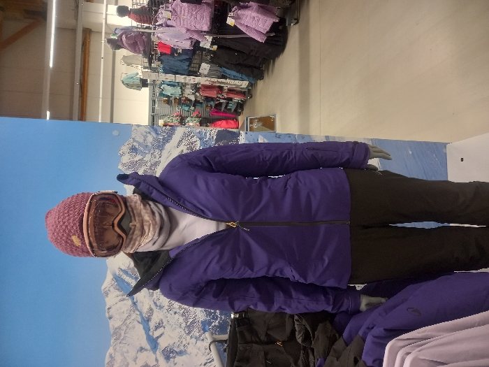 An upright image displays a mannequin showcasing winter sports attire within a retail store in Vendin-le-Vieil, France. The mannequin is dressed in a dark purple insulated winter jacket with a black zipper, and black winter pants. It wears a textured pink or mauve knit beanie hat, over which a pair of light-framed ski goggles with tinted lenses are positioned. A light-colored neck gaiter covers the mannequin's lower face and neck, with a white or light grey base layer visible beneath the open jacket.
Behind the mannequin, a large backdrop panel features a scenic image of snow-capped mountains under a clear blue sky, simulating a winter alpine environment. To the right, the interior of the store reveals multiple retail racks filled with various colorful winter jackets and clothing items, predominantly in shades of purple, pink, light blue, and green. The store has a white ceiling with fluorescent lighting and light-colored walls. A portion of another mannequin, dressed in a similar purple jacket and black pants, is visible in the bottom right corner, indicating a larger display area for winter apparel. The scene captures a retail setting dedicated to winter sports clothing and equipment. No discernible text is visible in the image.