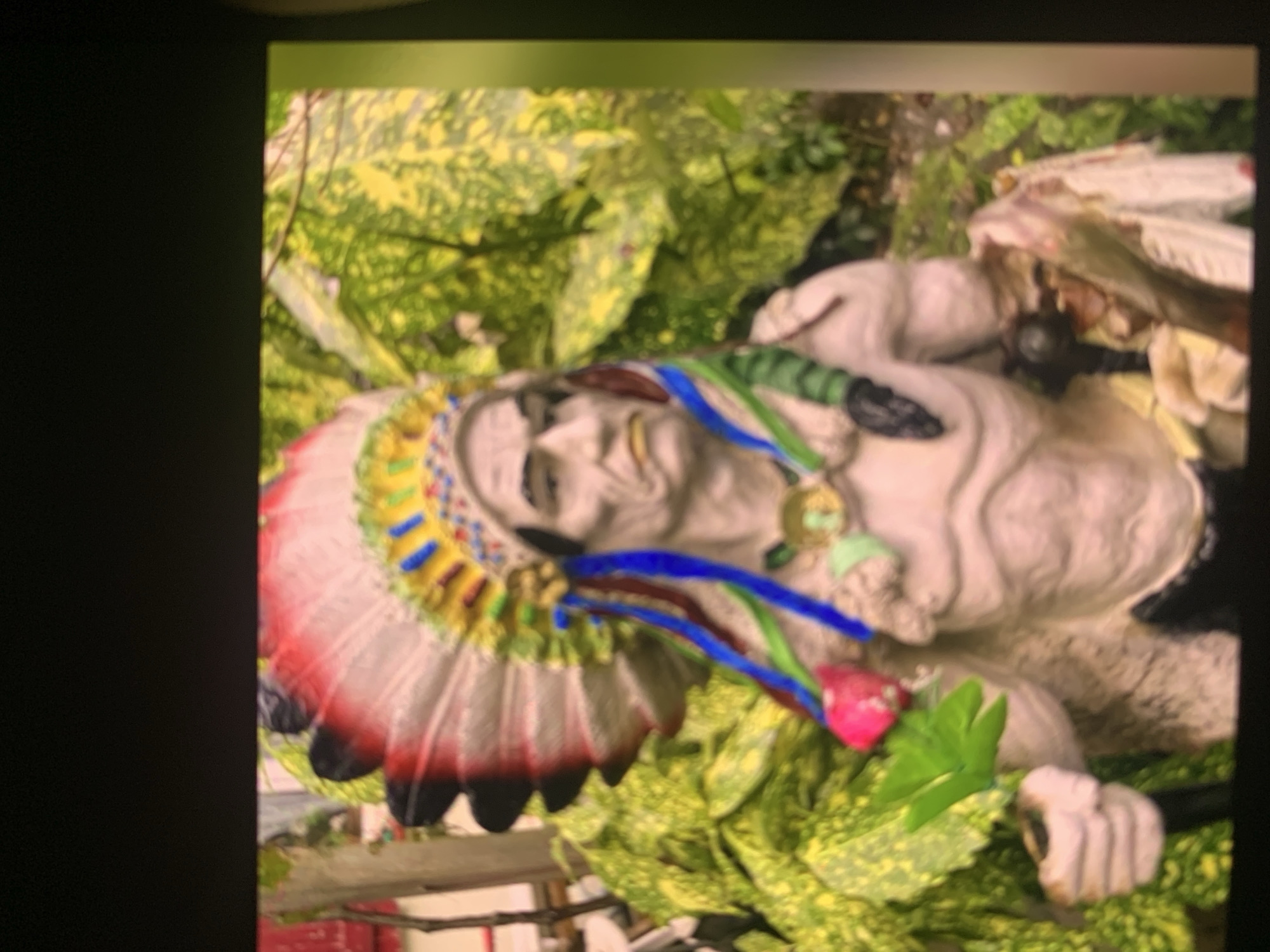 The image displays a stone or concrete statue, likely an outdoor decoration, positioned amidst dense foliage. The statue depicts a figure, possibly human or anthropomorphic, with a gentle, smiling expression. It is adorned with a large, elaborate headdress reminiscent of a Native American warbonnet, featuring distinct feathers colored in white, red, yellow, blue, and black.
Around the statue's neck and chest, there are several colorful adornments. These include what appears to be a green, snake-like element, bright blue and green strands or beads, and a small, vibrant pink flower-like object. The statue's body is robust and textured, suggesting it's made from a cast material.
The setting is an outdoor environment, characterized by an abundance of green leafy plants, some exhibiting yellow variegation, surrounding and partially obscuring the statue. The natural lighting suggests it is daytime. The overall image is rotated 90 degrees counter-clockwise, making the statue appear to be lying on its side. No specific location cues, time of day beyond "daytime," or visible text are discernible. The statue appears to be stationary, serving as a decorative element.