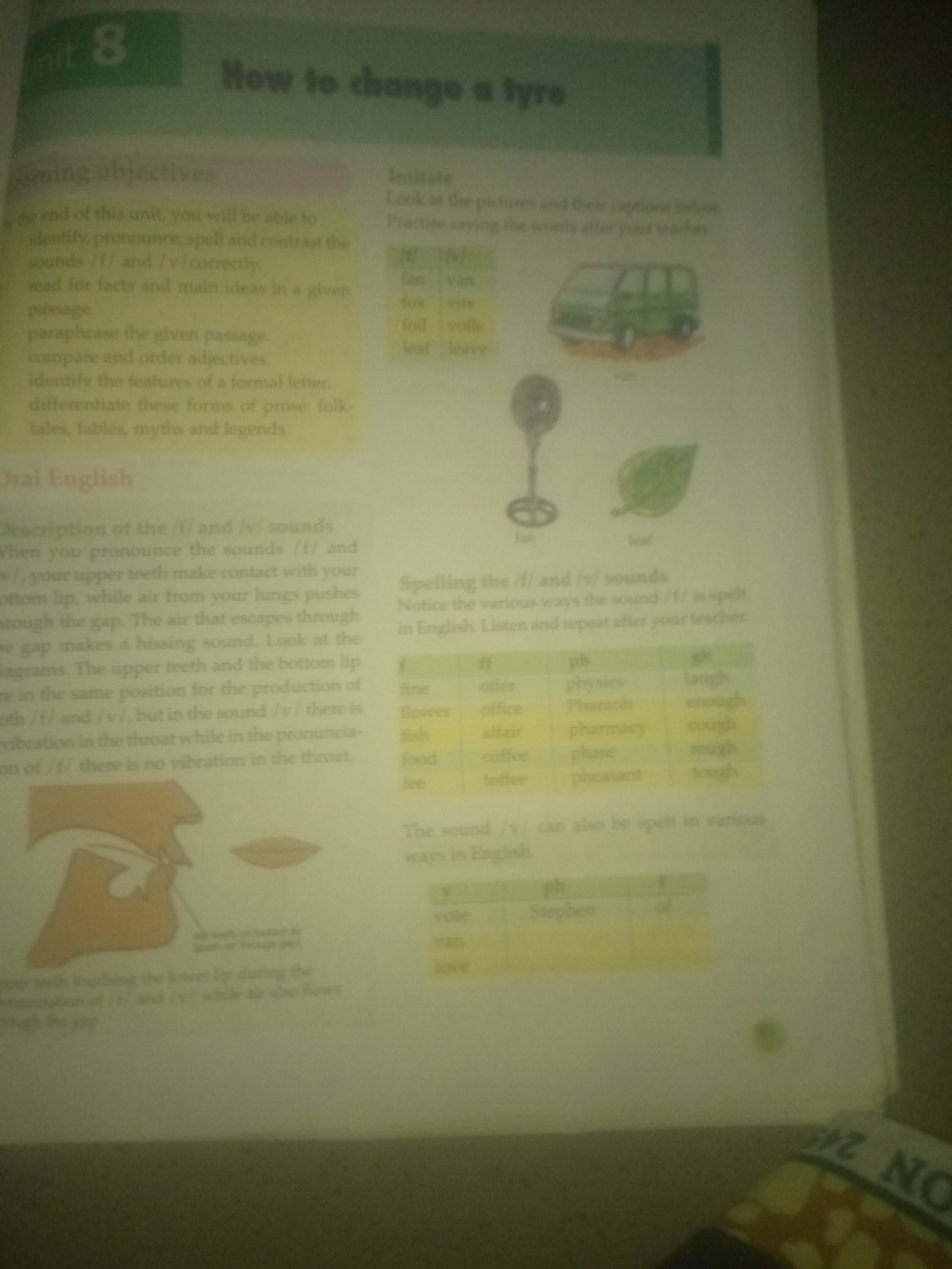 The image is a page from a textbook titled "Unit 8: How to change a tyre." It contains text and illustrations related to English pronunciation and spelling. The content includes learning objectives, a section on "Oral English" explaining the sounds /f/ and /v/, and tables showing different spellings for these sounds. There are also images of a van, a fan, and a leaf. The location of Jauro Yinu, Nigeria is not mentioned or depicted in this image.