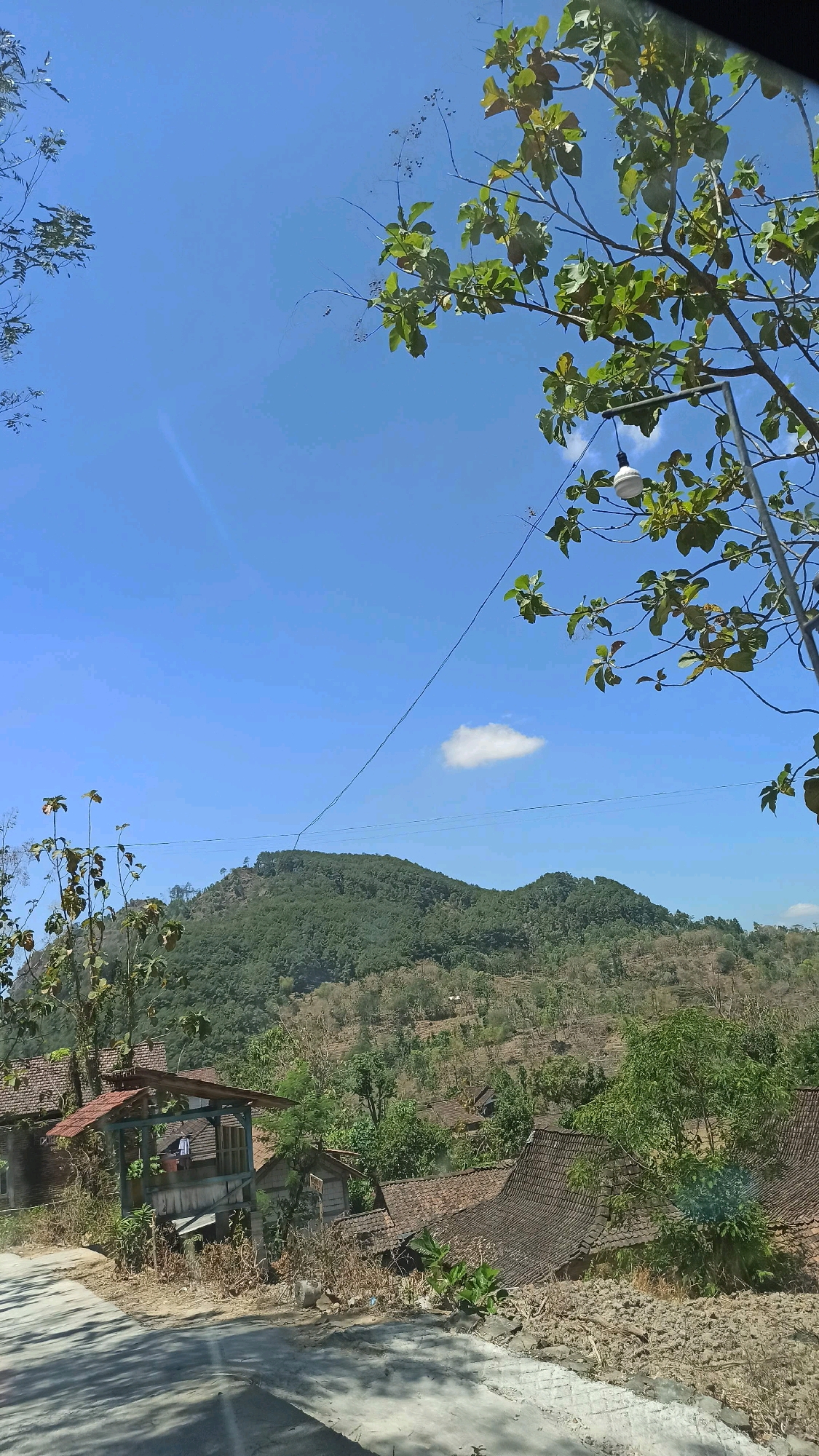 The image captures a rural scene in Wates, Indonesia, under a clear blue sky with a single white cloud. In the foreground, a paved road curves to the left, bordered by dry vegetation and some scattered debris. To the right of the road, several traditional Indonesian houses with tiled roofs are nestled among lush green trees and dry brown foliage. One house on the left features a wooden porch with a person visible inside. In the mid-ground, the landscape transitions to a gently sloping hill covered in dense green trees. Further in the background, a larger, verdant mountain range dominates the horizon, its slopes dotted with trees and some dry patches. The branches of a leafy tree with green foliage hang into the upper right portion of the frame, obscuring part of the sky. A street lamp with a white globe-shaped fixture is attached to a pole on the right side of the image, and a thin wire stretches across the frame from the upper left towards the right.