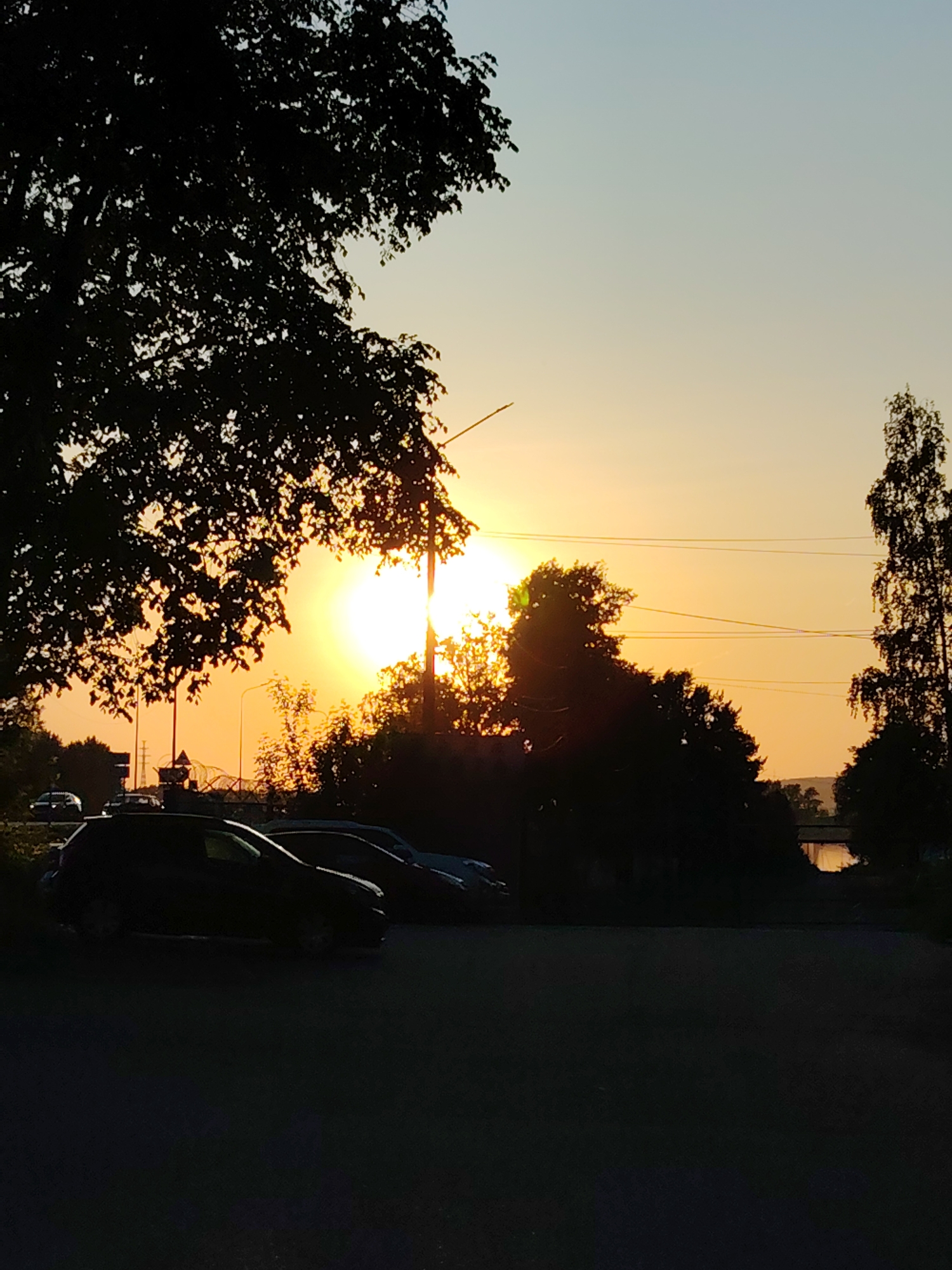 The image depicts a sunset scene in what appears to be a parking lot or street in Chaikovsky, Russia. The sun is low on the horizon, obscured partially by trees and power lines, casting a warm, orange glow across the sky. In the foreground, several dark silhouettes of parked cars are visible on an asphalt surface. A large, silhouetted tree with dense foliage occupies the left side of the frame. In the background, more trees and a structure resembling a bridge are visible, partially obscured by the sunset's haze. The overall light is subdued except for the intense brightness of the sun.