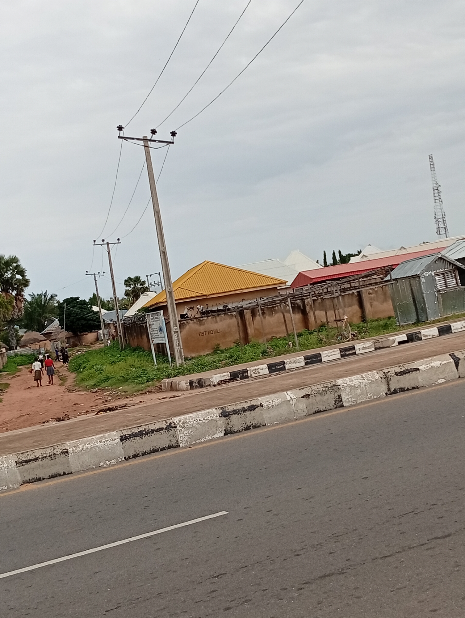 The image shows a view from a road in Jalingo, Nigeria. On the left side of the road, there is a dirt path with several people walking. Beyond the path, there are buildings with thatched roofs and palm trees. On the right side of the road, there is a paved road with a sidewalk bordered by a concrete curb with black and white markings. Behind the curb, there is a wall with a yellow-roofed building and other structures. Overhead, there are power lines supported by wooden poles. In the distance, a tall telecommunications tower is visible. The sky is overcast.