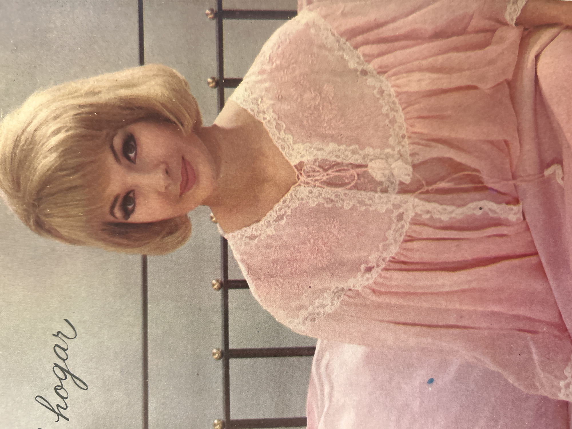 A woman with blonde, bouffant hair and heavy eye makeup poses in a pink nightgown with lace trim. She is sitting in bed, with a metal headboard behind her. The background is a pale gray wall. The word "hogar" is written in cursive script in the upper left corner of the image.