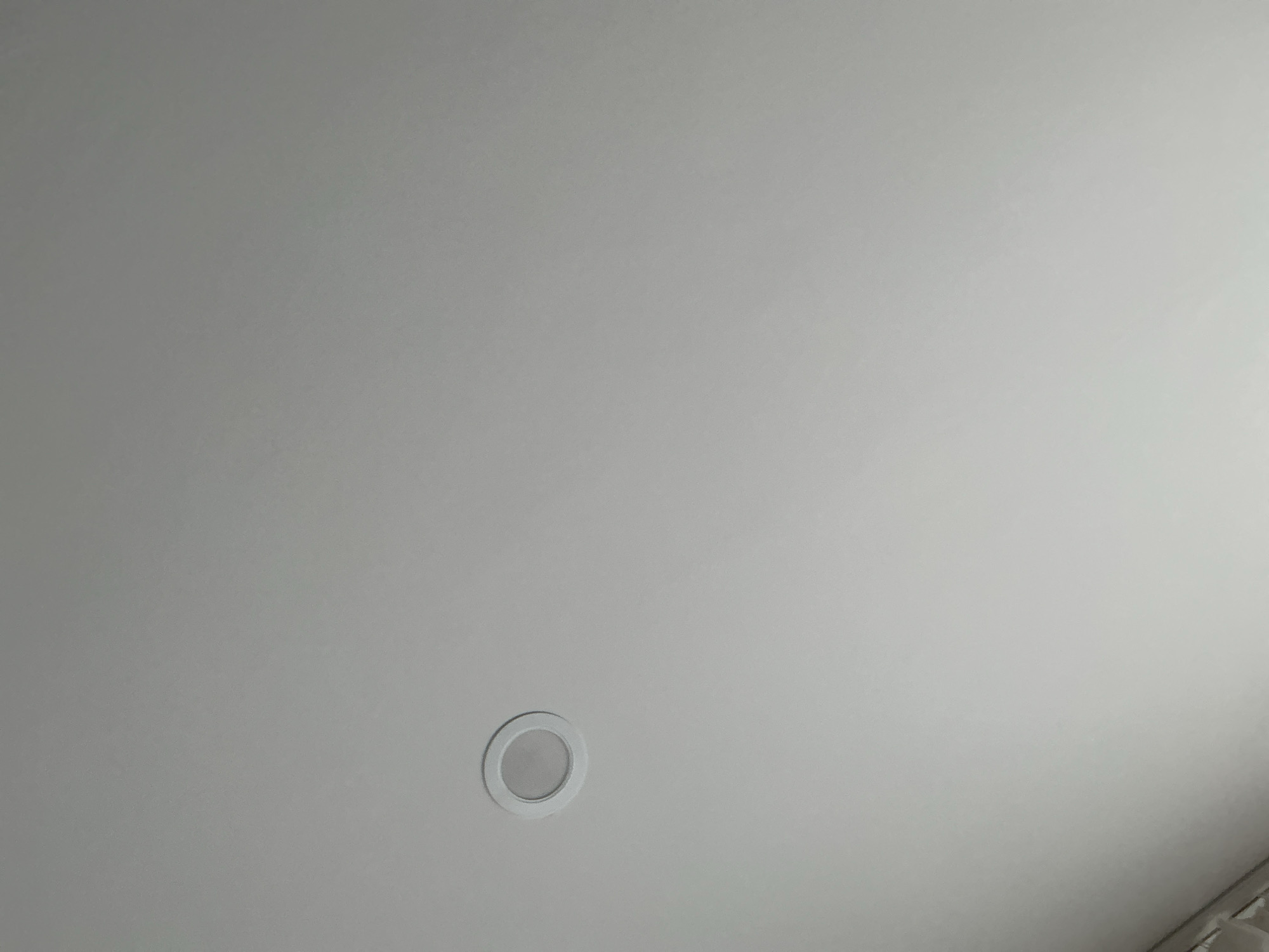 A low-angle shot of a white ceiling with a single recessed lighting fixture visible in the lower center. The lighting fixture has a circular white trim and a slightly darker center. The ceiling is uniformly white with subtle variations in tone, indicating a smooth surface. The image does not provide any information regarding the city of Lovech, Bulgaria, or any people, actions, or interactions.