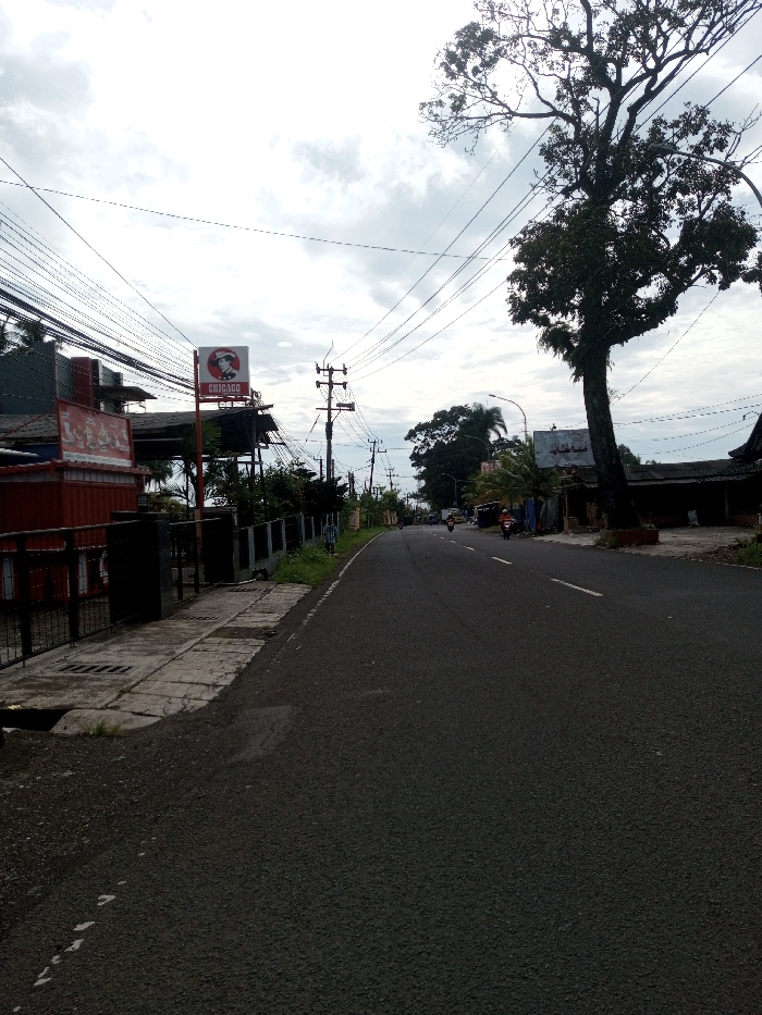 A wide-angle exterior view captures a street scene in Domphoog_Dungkarchhoeling, Bhutan, under an overcast sky. The dark asphalt road occupies the central and lower right portions of the frame, showing a faint white broken line marking the left lane edge. On the immediate left, a concrete sidewalk is present, featuring a rectangular drain grate. A low black metal fence separates the sidewalk from an adjacent property. Directly behind this fence, a red rectangular structure is visible, followed by a prominent white sign with red lettering that reads "CHICAGO," topped by a black and white circular logo depicting a stylized head wearing a hat.
Overhead, a dense network of black electrical and communication wires spans the upper portion of the image, attached to multiple utility poles, one of which is clearly visible mid-frame on the left side, featuring multiple cross-arms. Buildings with dark roofs and abundant green foliage line both sides of the street. On the right side of the road, a large, mature tree with a dark trunk and dense green leaves stands prominently. Further down the road, which gently curves to the right, two individuals are observed operating motorcycles, receding into the distance. One motorcycle appears red, the other darker. Additional buildings and trees are present in the background, further along the street. The sky is dominated by diffuse white and gray clouds.