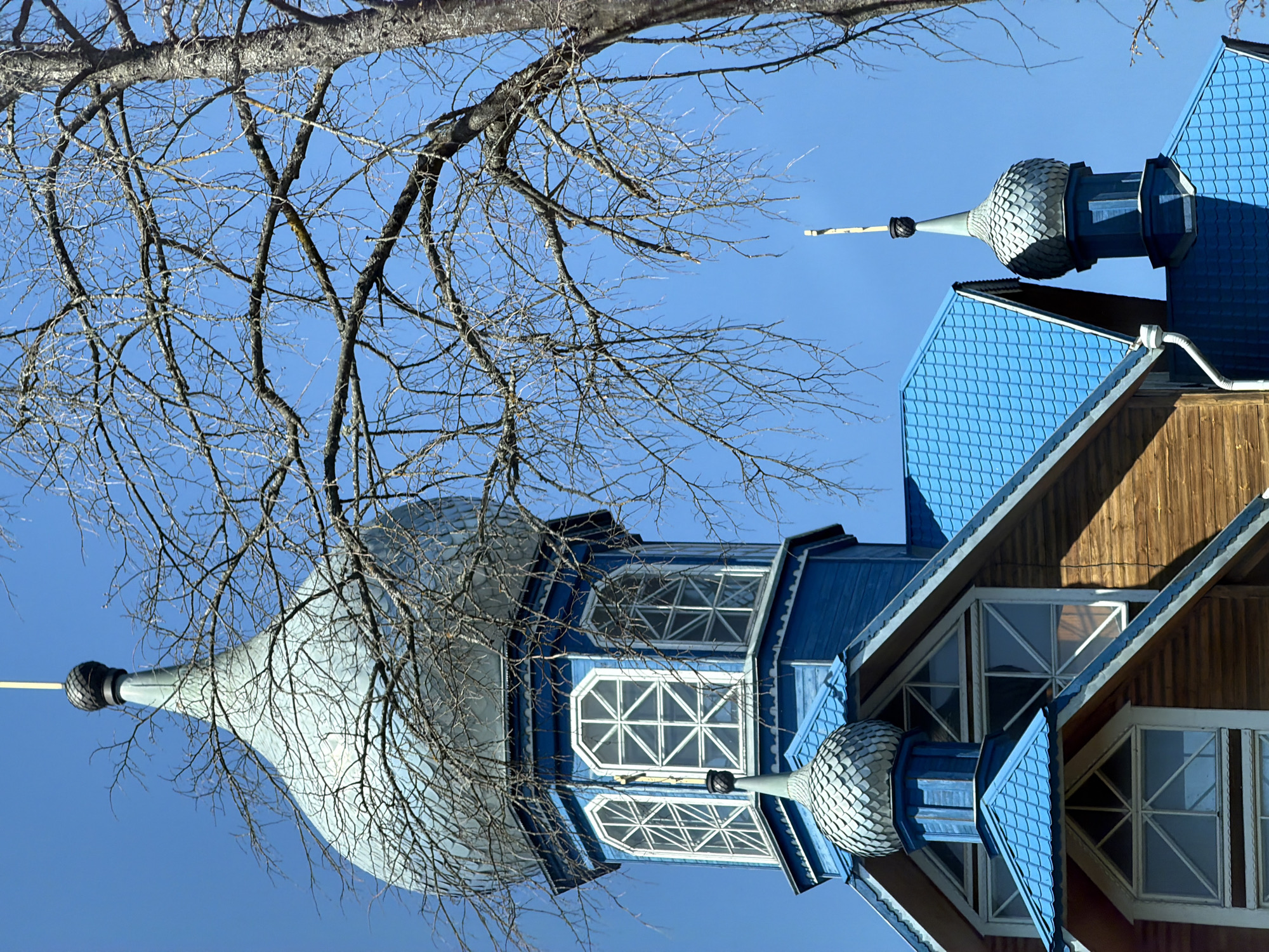 An upward angle shot displays the Church of the Intercession of the Holy Virgin, located in Камянюцкі сельскі Савет, Belarus. The blue-painted wooden building features a silver domed tower with a white framed octagonal windowed segment directly below it. A leafless tree occupies the left side of the image, its branches framing the sky and partially obscuring the church tower. The building has sections with blue tiled roofs and wooden siding, and other onion dome style structures with the same blue tiles. The sky is clear and blue.