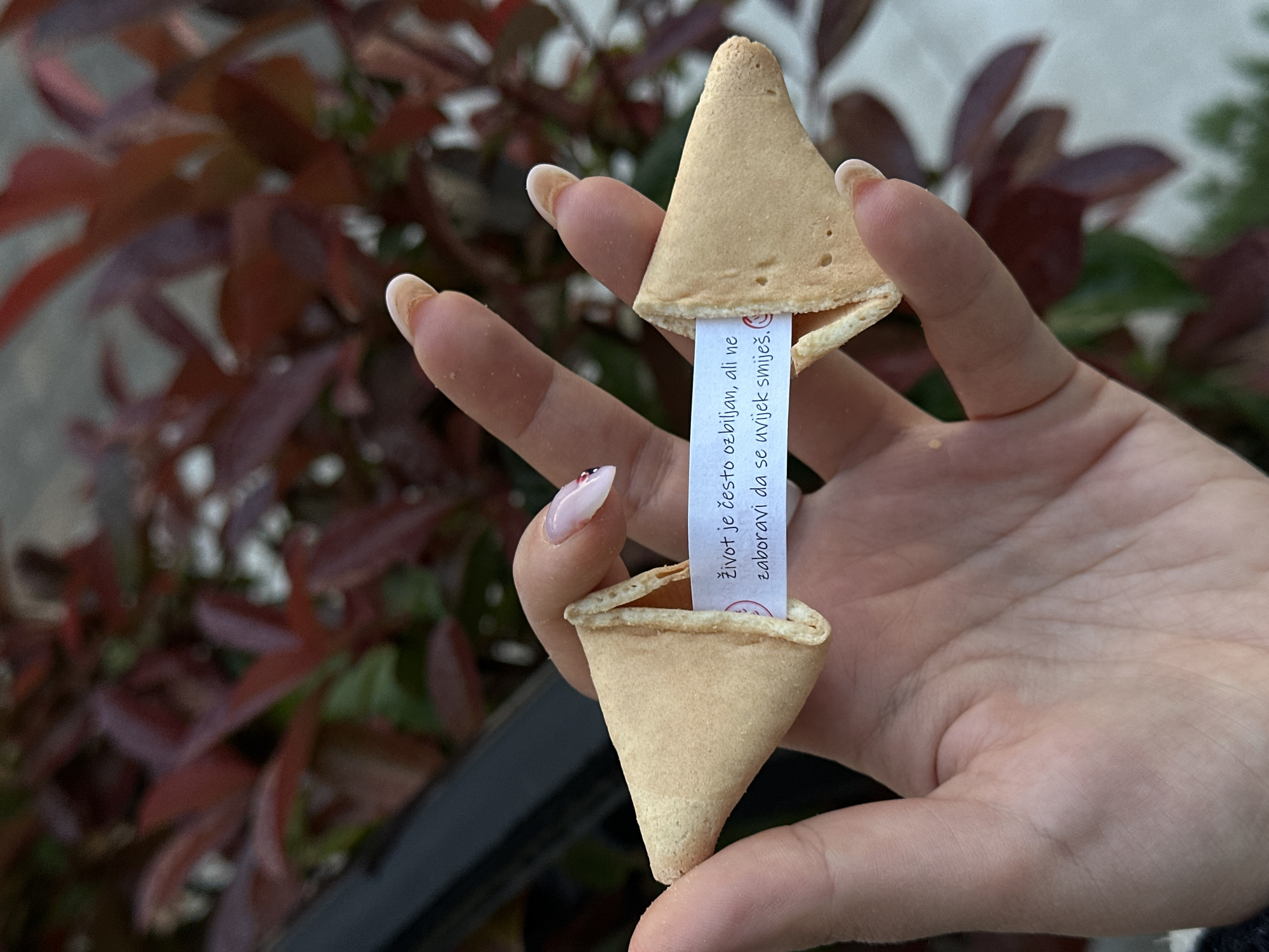 A close-up shot captures a person's hand holding an opened fortune cookie. The hand, with manicured nails featuring a light base and white tips, gently grips the two halves of the crisp, light-brown wafer cookie. A white paper fortune slip is visible, emerging from the center of the broken cookie.
The background is a soft blur of nature, dominated by reddish-brown and some green foliage, suggesting an outdoor setting like a garden or park. The natural lighting indicates it is daytime.
The visible text on the fortune slip is in what appears to be a South Slavic language, reading: "Život je često ozbiljan, ali ne zaboravi da se uvijek smiješ." This translates to "Life is often serious, but don't forget to always smile." The image captures the moment of revealing this message, often associated with a sense of hopeful anticipation or a lighthearted moment. The location context indicates this scene takes place in Bar, Montenegro.