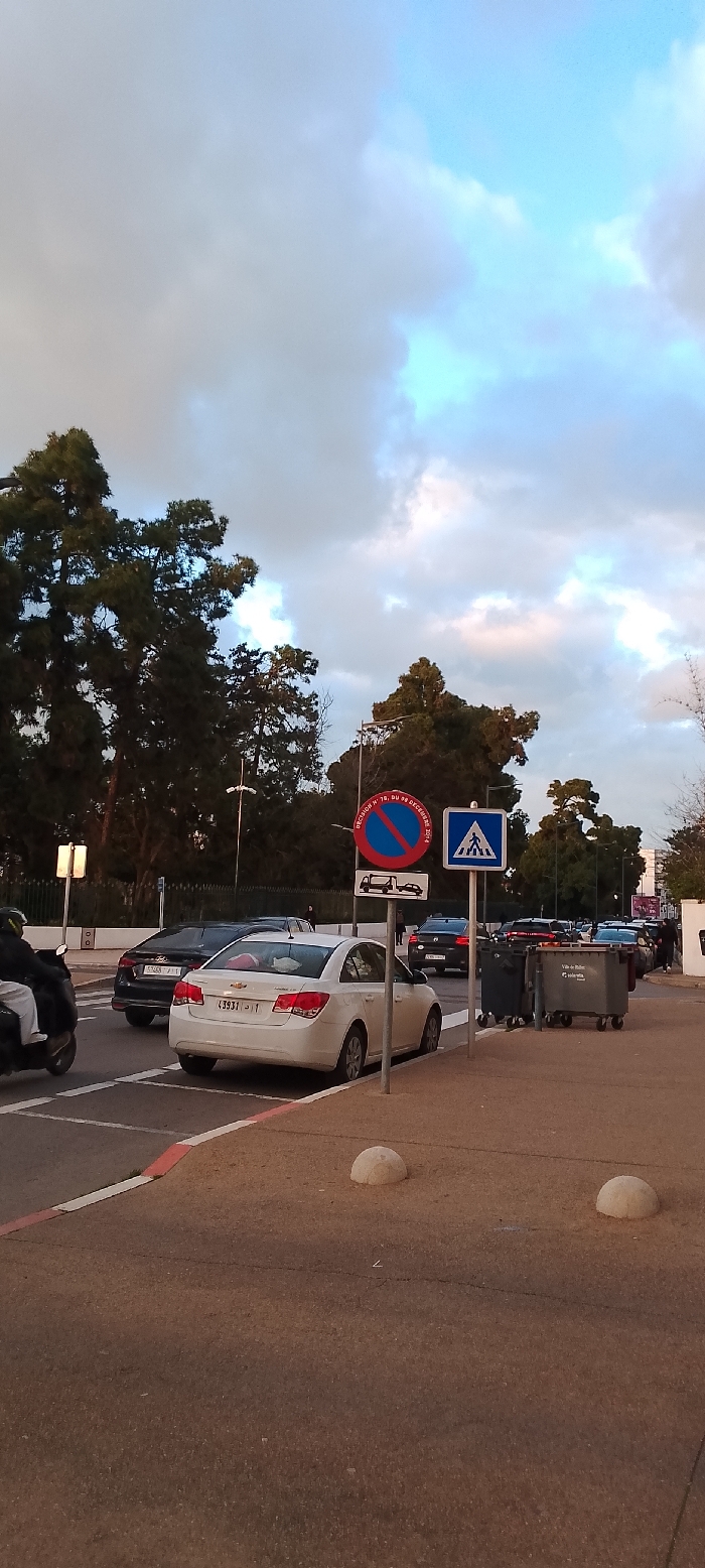 This image captures an outdoor street scene in what appears to be a suburban or urban area, likely during the late afternoon or early evening given the soft light and cloud formations. The sky is partially cloudy with patches of blue visible, and some clouds show hints of light grey and subtle pinkish hues.
In the foreground and midground, a paved road with white and red curb markings is visible. A white Chevrolet Cruze sedan (identifiable by its taillights and emblem) with a Moroccan license plate "43931 | أ 1" is parked or stopped on the right side of the road, facing away from the camera. Behind it, a black sedan with a partially visible Moroccan license plate "1 | 8489" is also present, and several other vehicles are lined up further down the street in the distance. On the far left, a person on a black scooter, wearing a helmet, is driving past.
Two prominent road signs are mounted on poles near the white car. The left sign is a red circle with a diagonal line, indicating "no parking or stopping," and underneath it, a smaller sign depicts a tow truck, suggesting towing enforcement. Text on this sign reads: "DECISION N° 78, DU 09 DECEMBRE 2014". To its right, a blue square sign with a white pedestrian figure marks a pedestrian crossing. Near these signs, two grey public waste bins are visible, one larger than the other, with text "Ville de Rabat | Salubrité" (City of Rabat | Sanitation) inscribed on them. Two dome-shaped concrete bollards are embedded in the ground on the sidewalk/shoulder in the bottom right.
Tall, dark green trees, possibly pines, line the left side of the street and extend into the background, contributing to the setting. The scene depicts typical daily activity on a street, with vehicles and street furniture indicating a functional urban environment. The location cues, including the language on the signs and waste bins, and the license plate format, confirm the setting as Morocco, consistent with the provided context of Aïn El Aouda.