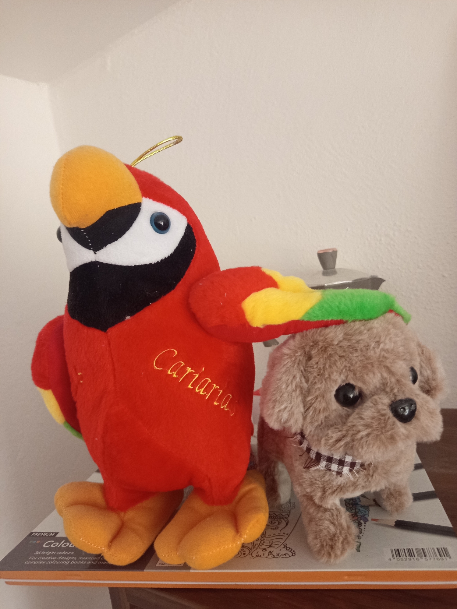 The image depicts a red stuffed parrot with a yellow beak and blue eyes, and a tan stuffed dog with black eyes. The parrot is positioned to the left, standing on orange feet. It has the word "Cariana" embroidered in yellow script on its chest. A multi-colored fuzzy band, green and yellow, is positioned on the dog's head as if worn like a hat, and a paw of the parrot is touching the dog's head. The stuffed animals are placed on top of a book or coloring book, which has the word "Premium Colours" visible on its cover. A coffee maker is visible in the background. The image is taken indoors, with a plain, light-colored wall behind the subjects. No specific location in Brno, Czechia, can be determined from the visual information provided.