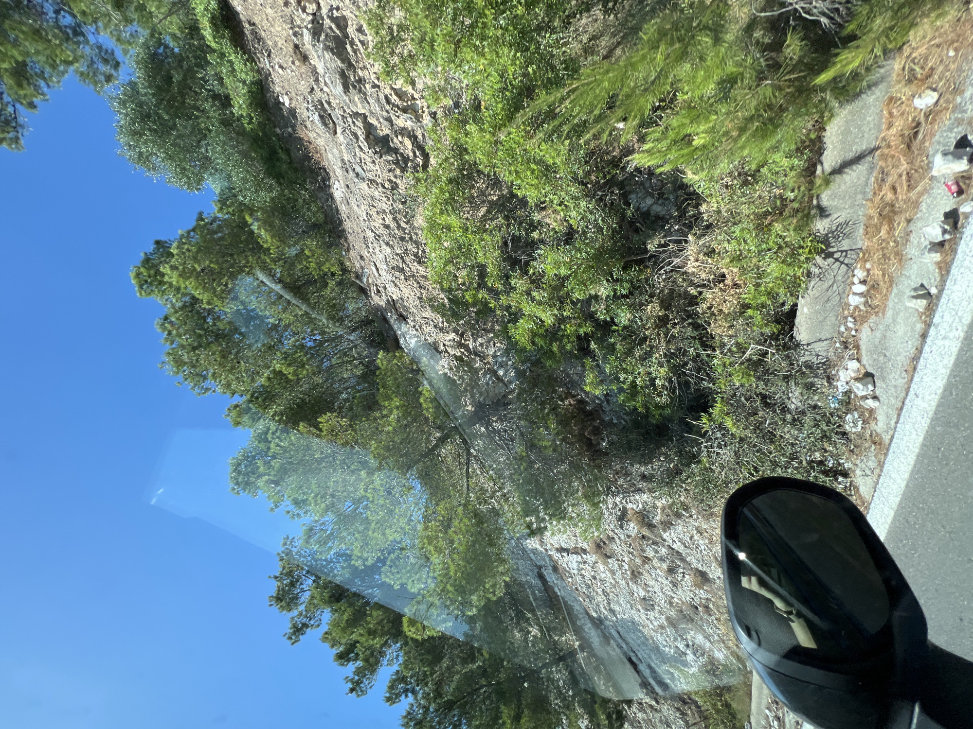 The image shows a view through a car windshield of a rocky hillside with dense green vegetation, including trees and bushes. The sky is clear and blue. A black car side mirror is visible in the lower left corner, reflecting a person's arm and hand. The scene appears to be a road passing by the side of the hill, possibly in a rural or coastal area. The lighting suggests it is daytime, with bright sunlight. The specific location in Mattinata, Italy is not discernible from the image itself.