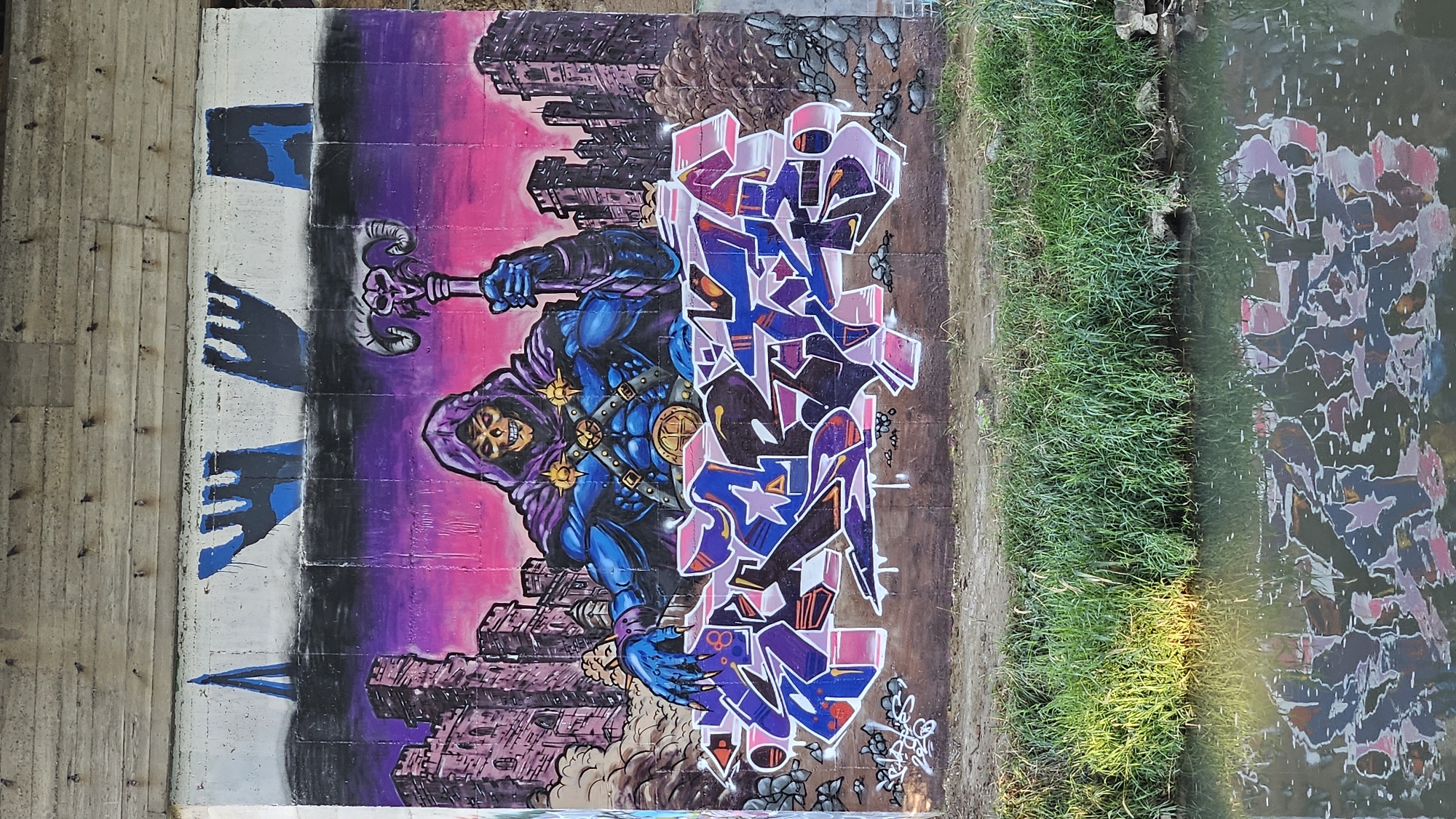 The image shows a graffiti mural painted on the side of a concrete structure, possibly a bridge abutment, located in an outdoor urban setting. The mural depicts a skeletal character in a purple hooded cloak, with blue armor and a golden chest plate. The character is holding a staff topped with a ram skull. Behind the character, a cityscape with tall, blocky buildings is rendered against a vibrant pink and purple gradient sky. Below the character, graffiti lettering in shades of purple, pink, and blue is spray-painted. The lower part of the image shows a body of water, possibly a canal or river, with lush green grass growing along its edge. The graffiti mural is reflected in the water. The concrete structure above the mural is weathered and shows signs of structural elements. The overall scene suggests an urban environment with public art.