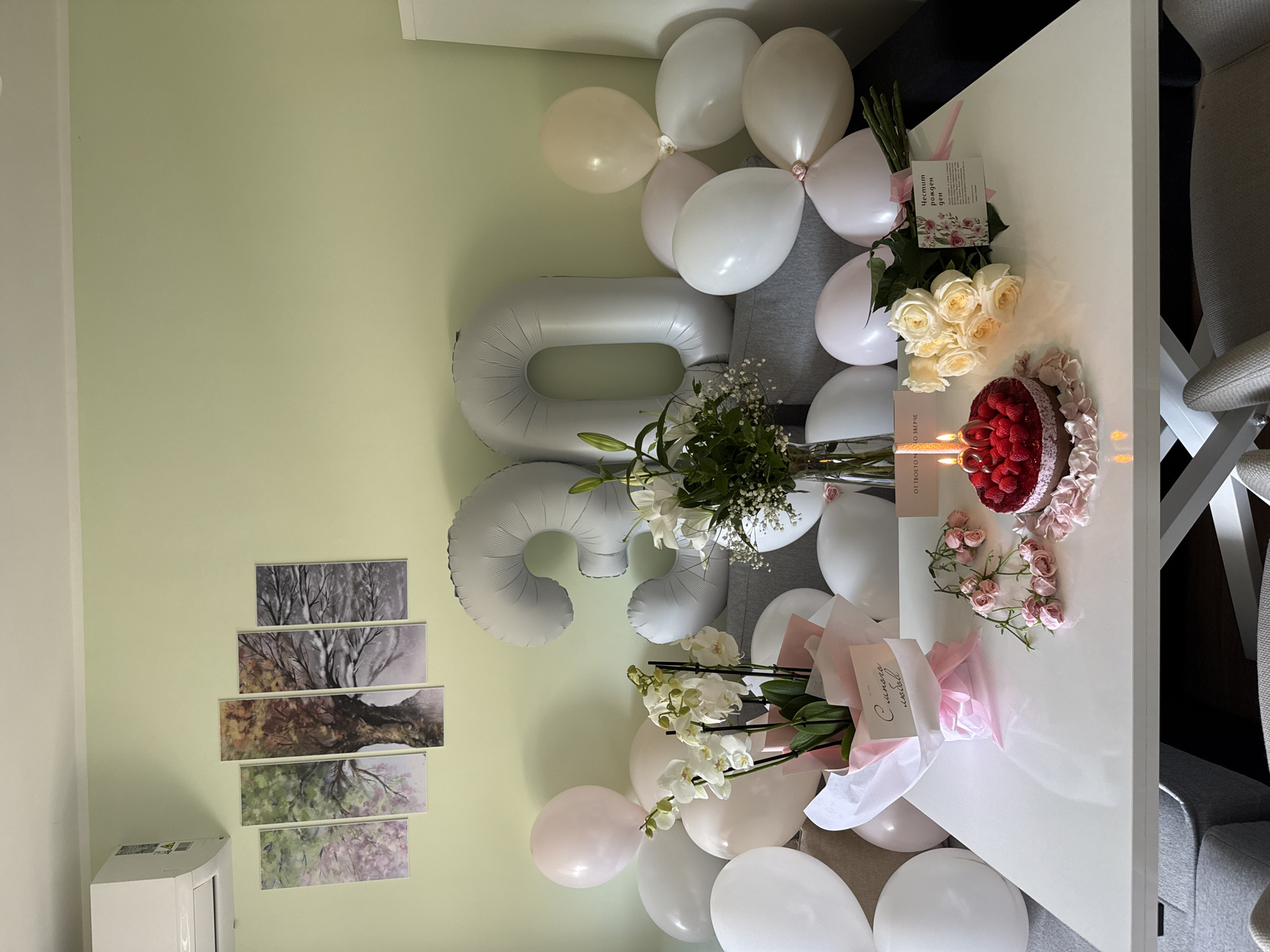 Here is a detailed description of the image:
**Scene Overview:** The image shows an indoor setting, likely a living space, decorated for a birthday celebration. The scene is dominated by decorations for a "30th" birthday.
**Objects:**
* **Balloons:** Several white and light pink balloons are scattered around the scene.
* **Number Balloons:** Large silver balloons shaped as the numbers "3" and "0" are placed against a wall.
* **Flowers:** Multiple bouquets of white flowers are arranged on a white table. One bouquet contains lilies and baby's breath.
* **Cake:** A round cake, covered in raspberries, sits on the table with lit candles.
* **Cards:** There are cards next to the flowers, one with the inscription "с днем рождения".
* **Table:** A modern white table holds the cake and flower arrangements.
* **Wall Art:** A series of images depicting a tree through different seasons are hung vertically on the wall.
* **Air Conditioner:** An air conditioning unit can be seen mounted on the lower left side of the wall.
* **Furniture:** Parts of chairs and a sofa can be seen in the background.
**Environment:**
* **Colors:** The general color scheme is pastel, with white, light pink, and silver dominating.
* **Lighting:** The room appears well-lit, likely with a mix of natural and artificial light.
**Actions/Interactions:** The scene suggests a recent birthday celebration that is ready for the main event, like cutting the cake.
**Location:** Given that the inscription on one of the cards is in Russian ("с днем рождения"), this scene is most likely situated in a location where Russian language is used, or where people speaking Russian live. With "днем рождения" on the card, one could infer that the location of the photograph could be Sofia, Bulgaria, where people speaking Russian do live.