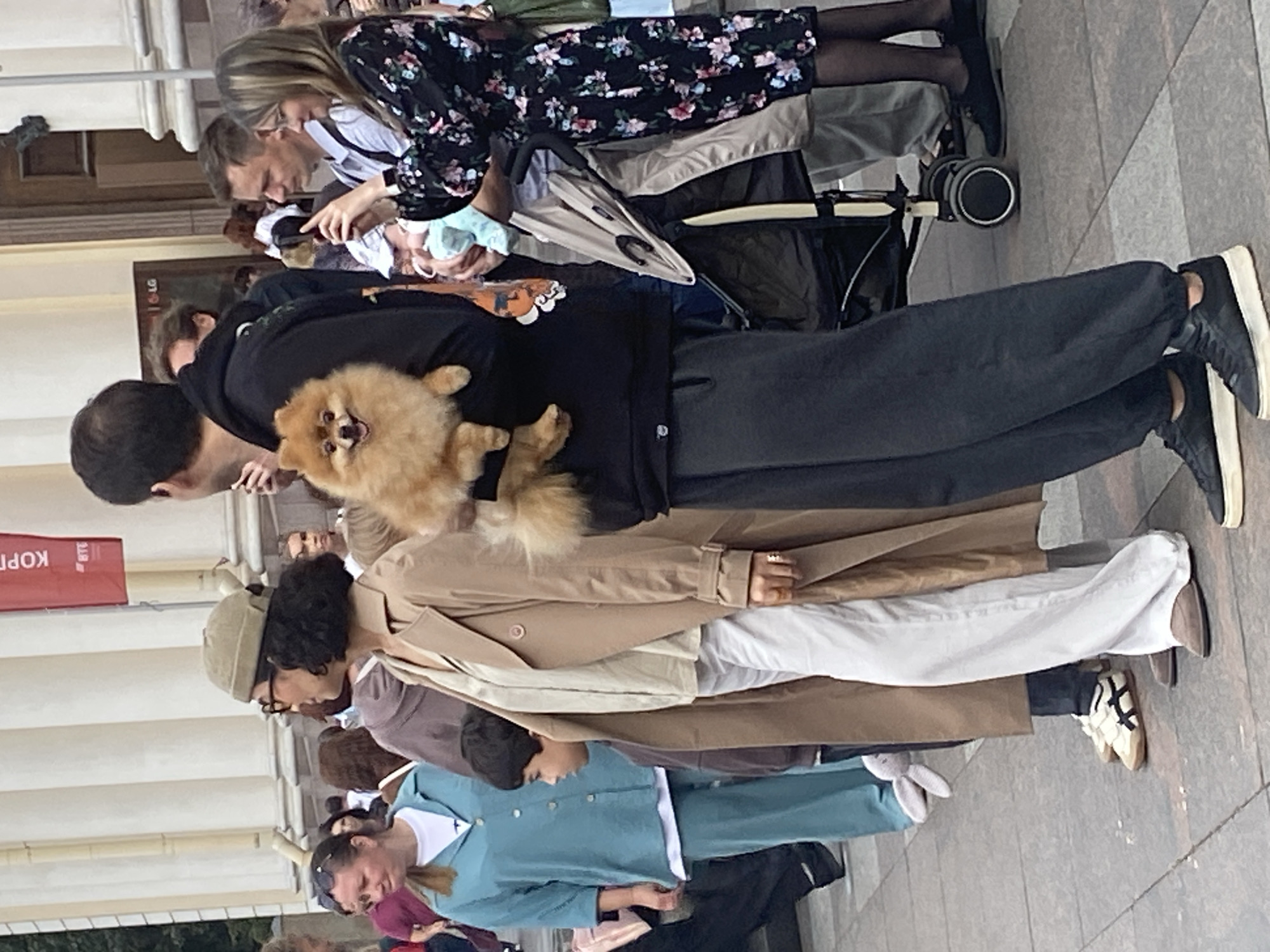 The image depicts a street scene in Saint Petersburg, Russia, with a group of people gathered. In the foreground, a person is holding a small, fluffy dog that is looking towards the camera. This person is wearing a black hooded sweatshirt and dark gray sweatpants. To the left of this individual, a woman wearing a tan trench coat and white pants is looking to her left. Beside her, a young boy in a dark jacket is also looking to his left. Further to the left, a woman in a teal top and white pants is visible. In the background, several other individuals are present, some holding phones, possibly taking pictures. A stroller is visible in the middle ground. The architecture in the background suggests an urban environment with classical building elements. The ground is paved with square tiles.