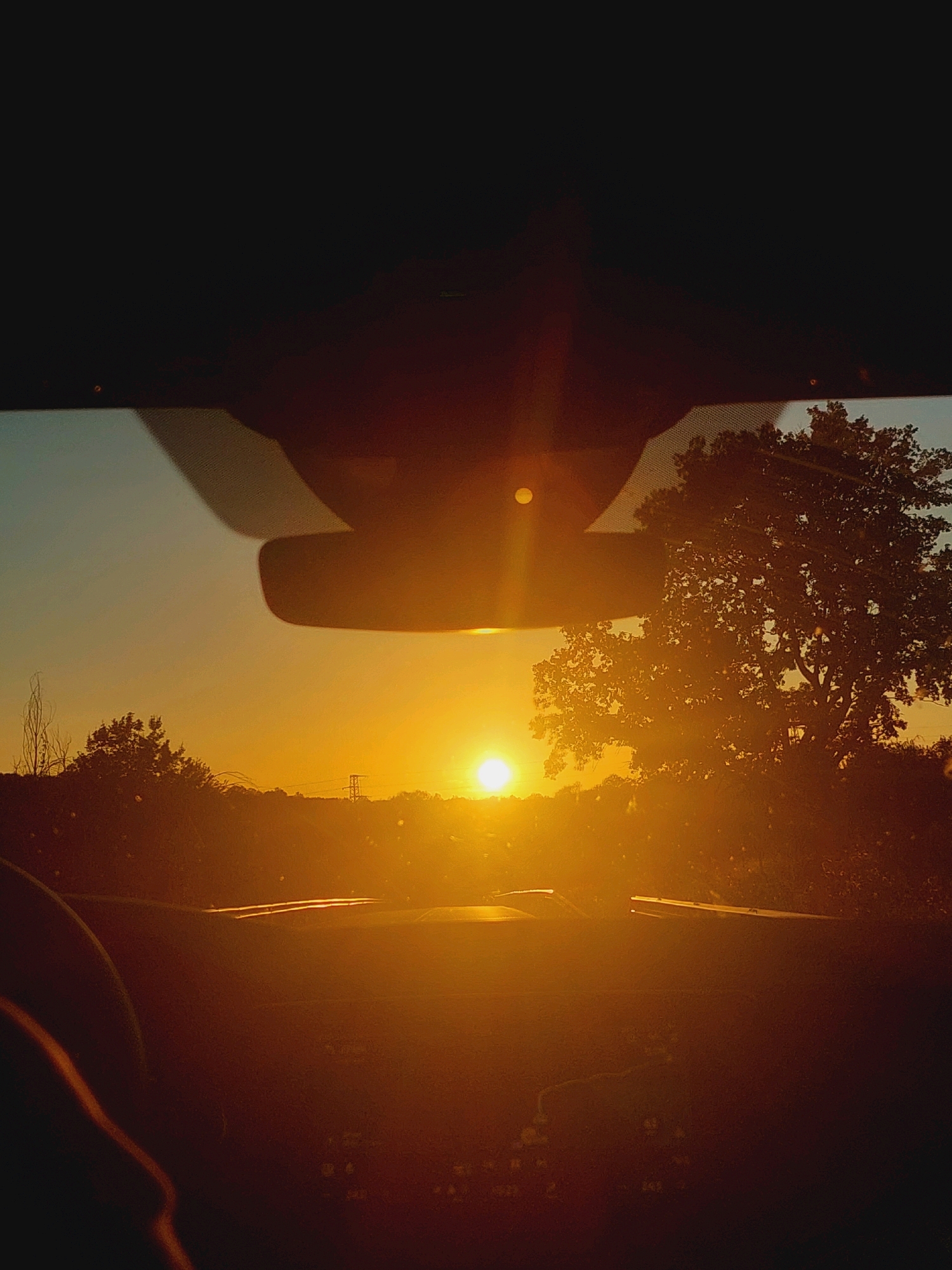 The image depicts a sunset viewed from inside a vehicle, likely in the vicinity of Zaichari, Bulgaria. The sun is low on the horizon, casting a warm, golden light that illuminates the sky with hues of orange and yellow. Silhouetted against the bright sky are trees, a distant power line tower, and the interior elements of the car, including the rearview mirror and the dashboard. The perspective suggests the camera is positioned behind the steering wheel, looking forward through the windshield. The overall mood is serene and picturesque, characteristic of a sunset.