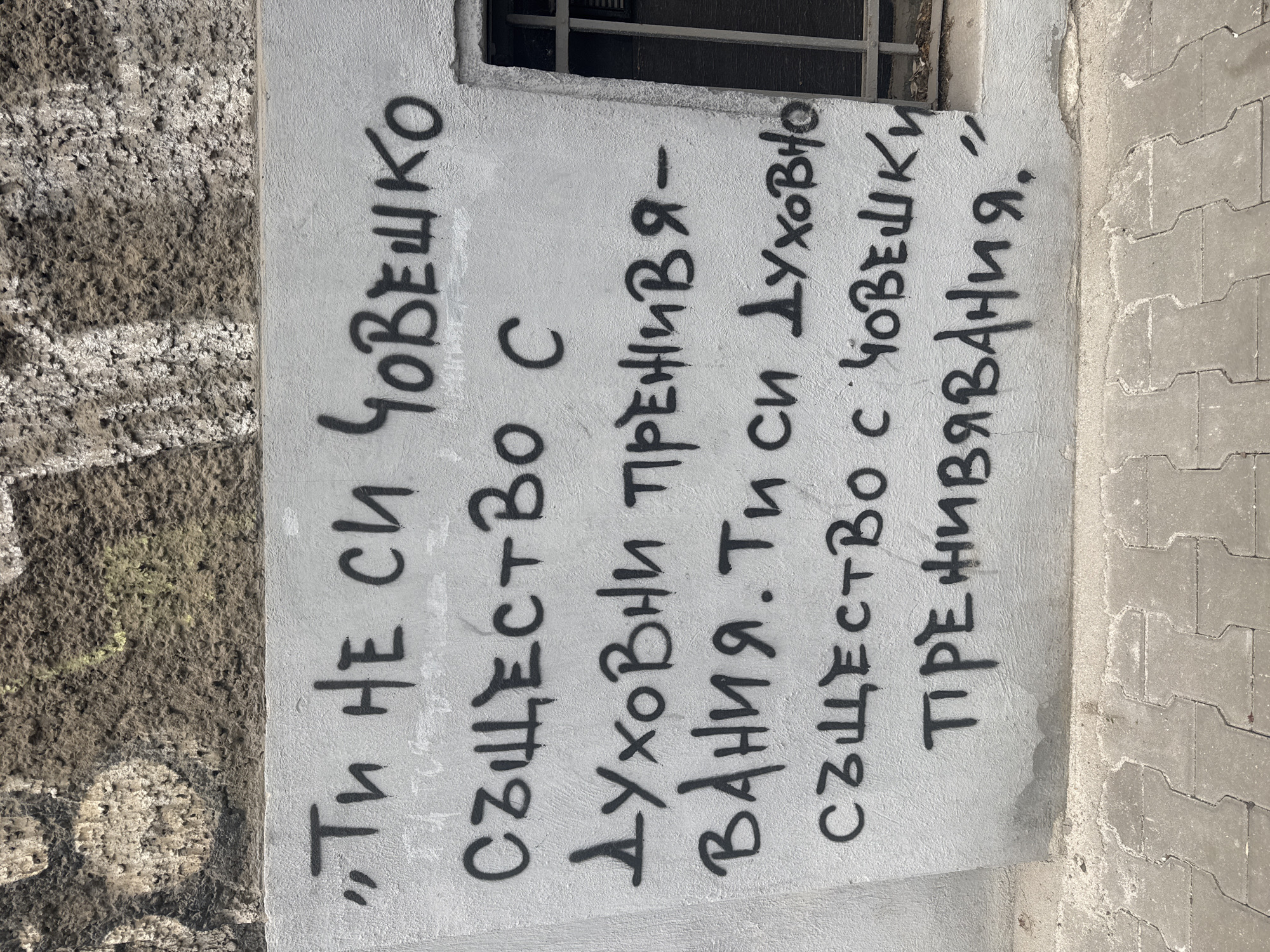 A photograph captures graffiti written in Cyrillic script on a concrete wall next to a grey bricked sidewalk. The graffiti reads: "ТИ НЕ СИ ЧОВЕШКО СЪЩЕСТВО С Духовни преживя-ВАНИЯ. Ти си Духовно СЪЩЕСТВО С ЧОВЕШКИ ПРЕЖИВЯВАНИЯ." There is a partially visible window above the graffiti. The location is in the city of Sofia, Bulgaria.