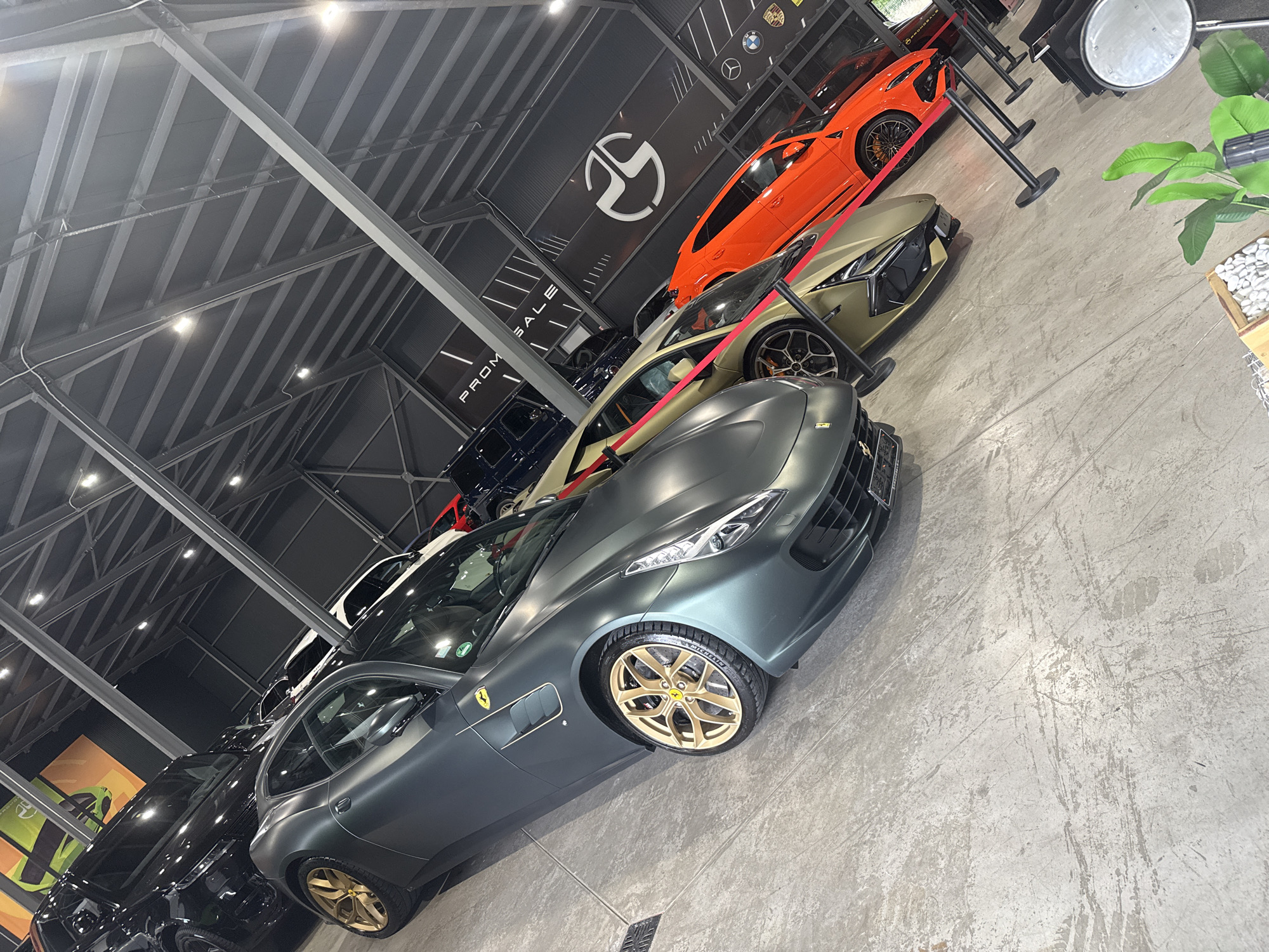 The image shows a car dealership in Plovdiv, Bulgaria, displaying a variety of luxury vehicles. Prominently featured in the foreground is a matte grey Ferrari with gold rims. Behind it are a gold Lamborghini, an orange sports car, and several other vehicles further back in the showroom. The showroom has a high ceiling with exposed metal beams and a polished concrete floor. The dealership's logo is visible on the wall, along with logos of other car brands. The scene is well-lit. A potted plant is visible in the top right corner.