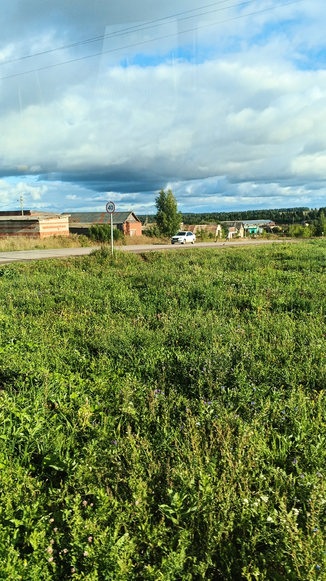 The image shows a rural scene in Kiasovo, Russia, likely taken from a moving vehicle. In the foreground, a dense field of green grass and wildflowers stretches across the frame. A paved road runs horizontally in the middle ground, with a white car driving on it from left to right. To the left of the road, there are several buildings, including one constructed with red bricks. A speed limit sign with "40" is visible on a green pole beside the road. In the background, more buildings and trees form a village, with a distant forest line and a cloudy sky overhead. The overall impression is that of a sunny day in the Russian countryside.