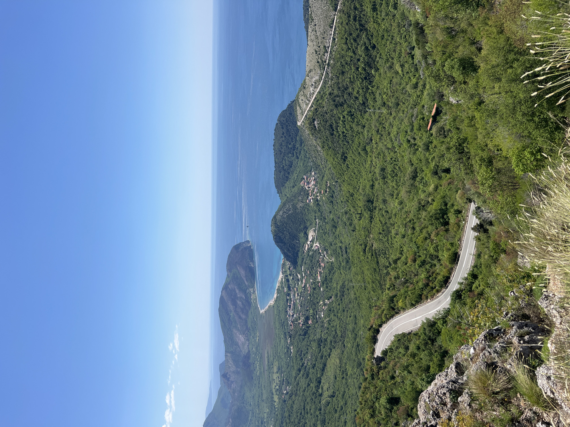This panoramic image presents a breathtaking view of the coastal landscape near Novoselje, Montenegro, captured from a high vantage point on a clear, sunny day. The scene is bisected horizontally by the serene horizon where a clear, vibrant blue sky meets the expansive, deep blue Adriatic Sea.
Lush green mountains and hills dominate the middle ground, cascading down towards the coastline and densely covered in various types of trees and verdant foliage. A prominent feature is a winding, light gray asphalt road, complete with white lane markings, which gracefully snakes through the rich green slopes.
Nestled along the coast at the foot of these mountains, a small village or settlement is visible. Its buildings, characterized by light-colored walls and reddish-brown roofs, are clustered along a strip of land bordering what appears to be a beach or bay. Further along the coastline, dramatic rocky headlands and distant landmasses extend into the sea, contributing to the rugged beauty of the region. In the mid-ground, amidst the dense greenery, a long, distinct reddish-brown structure is partially visible.
The immediate foreground reveals rugged, light-colored rocks and patches of dry, golden-brown grass and spiky foliage, indicating the elevated and possibly rocky nature of the viewpoint. The bright illumination and lack of harsh shadows suggest the photograph was taken during daylight hours, likely morning or early afternoon. The weather is clear and calm, offering excellent visibility across the vast landscape. There is no visible text in the image.