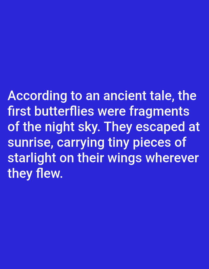 The image displays white text on a solid blue background. The text reads: "According to an ancient tale, the first butterflies were fragments of the night sky. They escaped at sunrise, carrying tiny pieces of starlight on their wings wherever they flew." There is no discernible location in Aksu City, China, or any other specific environmental details present in the image. The image is a textual display without any visual elements related to a city or any inhabitants.