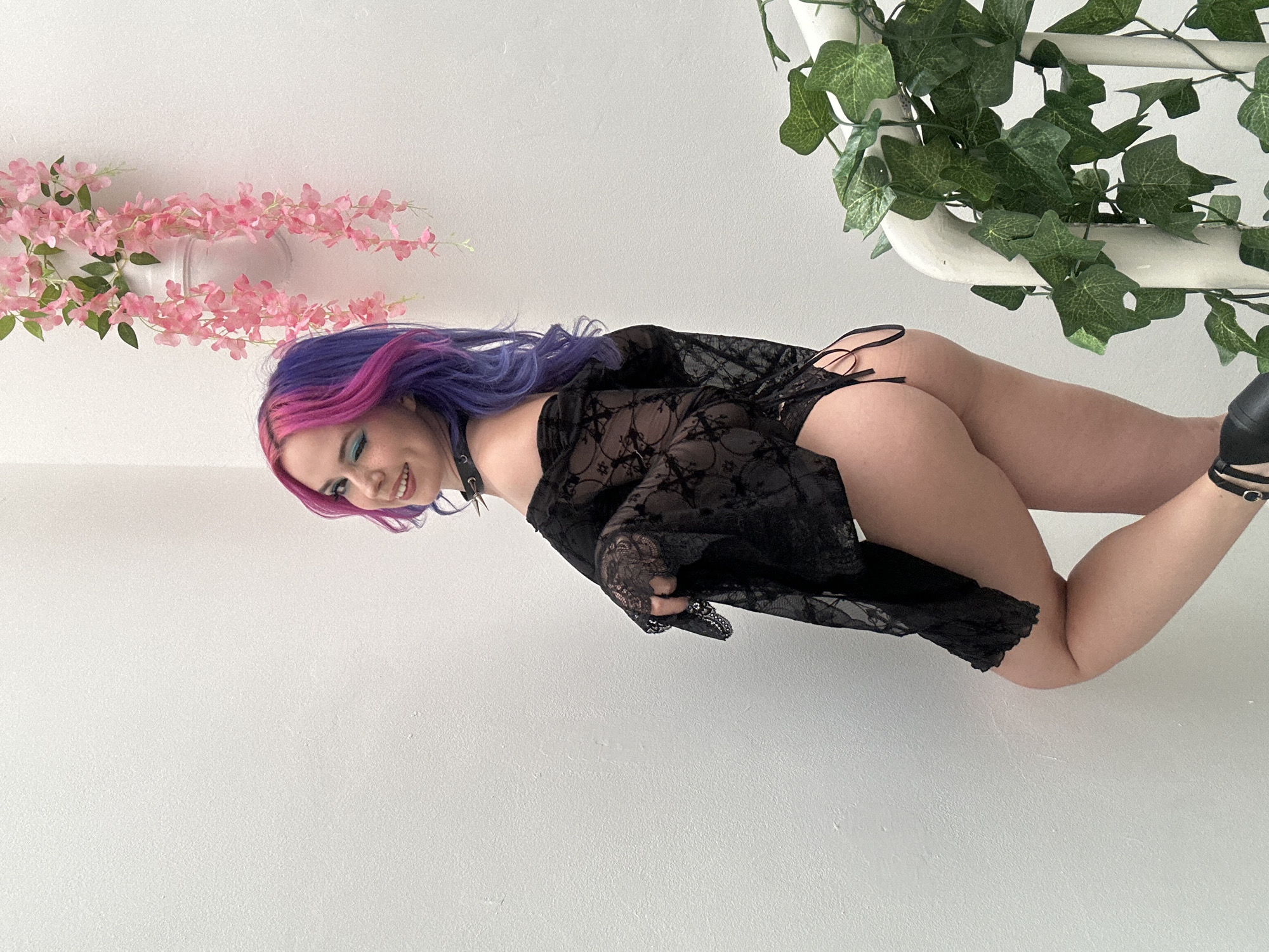 A rotated, full-body portrait features a person with striking, long hair dyed in vibrant purple and pink hues. The individual is positioned against a plain white background, giving the illusion of being suspended or leaning on a vertical surface. They are captured mid-smile, with their head slightly tilted and eyes looking towards the camera, conveying a cheerful and playful demeanor.
The person is dressed in a black, sheer lace robe or cover-up, worn over black underwear or a bodysuit, which reveals their back, legs, and parts of their torso. A distinctive black choker with metallic spikes adorns their neck. Their legs are bent at the knees, with one foot partially visible, wearing a black strappy heel or shoe.
The setting appears to be an indoor space, likely a studio or a room with plain white walls. Decorative elements are arranged around the subject: a cluster of artificial pink flowering vines hangs from the upper left, while a more prominent arrangement of artificial green ivy vines wraps around a white metal frame or bar in the upper right. The lighting is soft and even, suggesting a controlled indoor environment for a photoshoot. There is no visible text in the image. The location context provided is the City of Zagreb, Croatia.