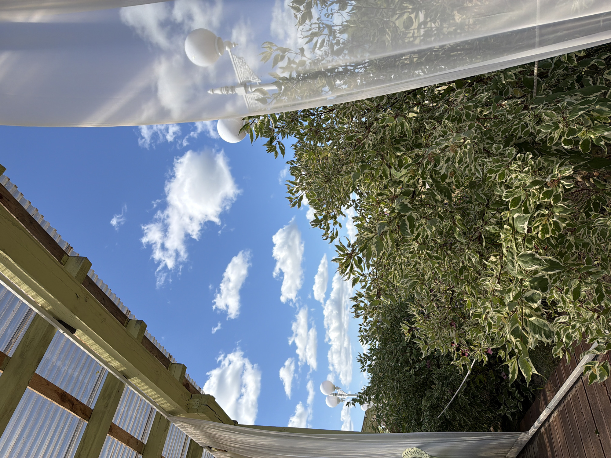 The image shows a view from under a wooden and corrugated translucent roof, looking out towards a bright blue sky filled with fluffy white clouds. In the foreground, a white sheer curtain hangs on the right, partially obscuring a decorative white lamppost with two spherical lights. Lush green bushes with variegated white and green leaves fill the midground, and more greenery is visible behind them. A wooden deck is visible in the lower left corner. The scene appears to be an outdoor area, possibly a gazebo or covered patio. The location is Severynivka, Ukraine.