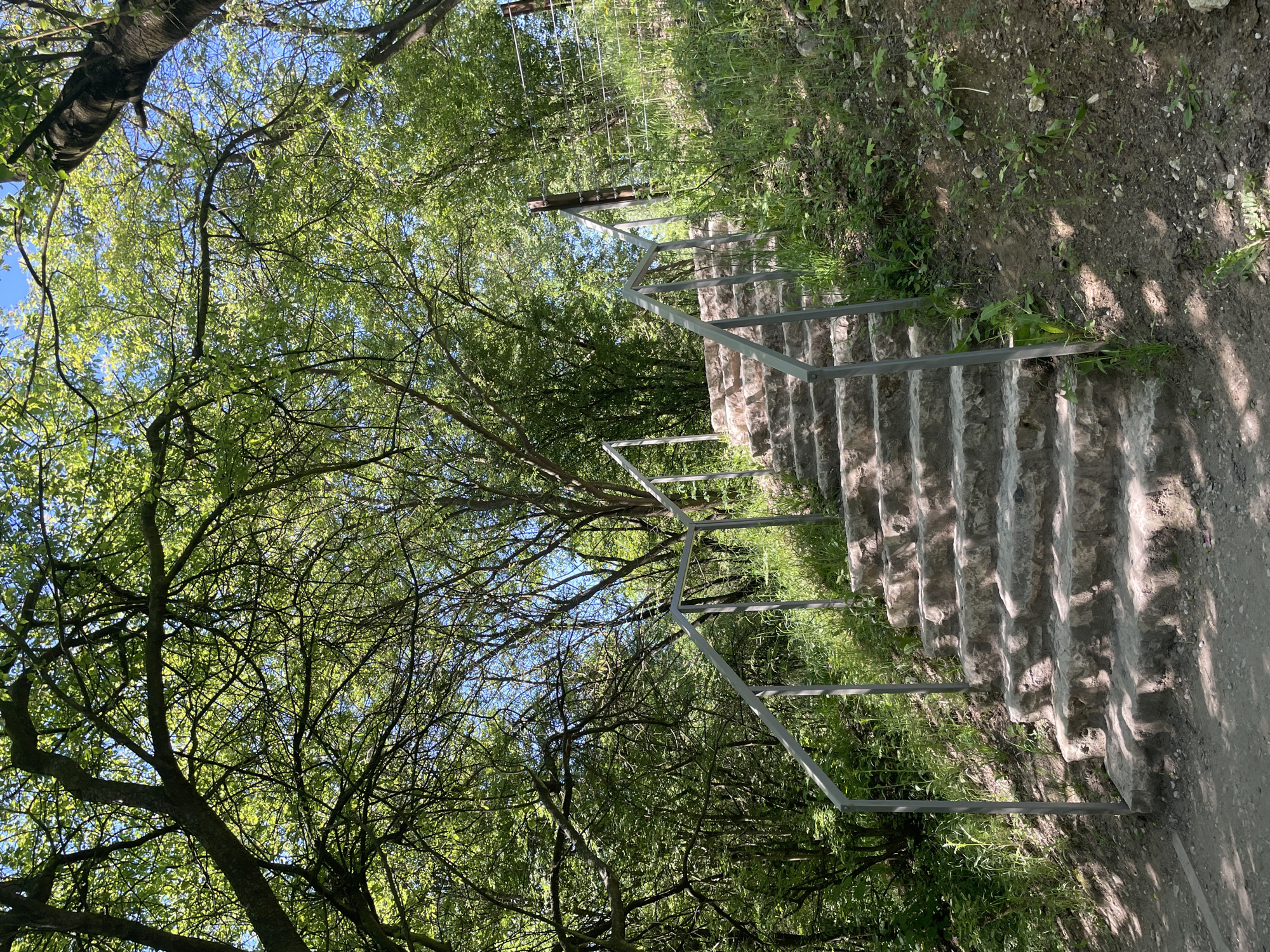 The image depicts a set of stone steps ascending a slope, flanked by metal railings. Vegetation, including trees and grass, is abundant on either side of the steps. The tree canopy overhead filters the sunlight, creating dappled shadows on the steps and surrounding ground. The location is unspecified.