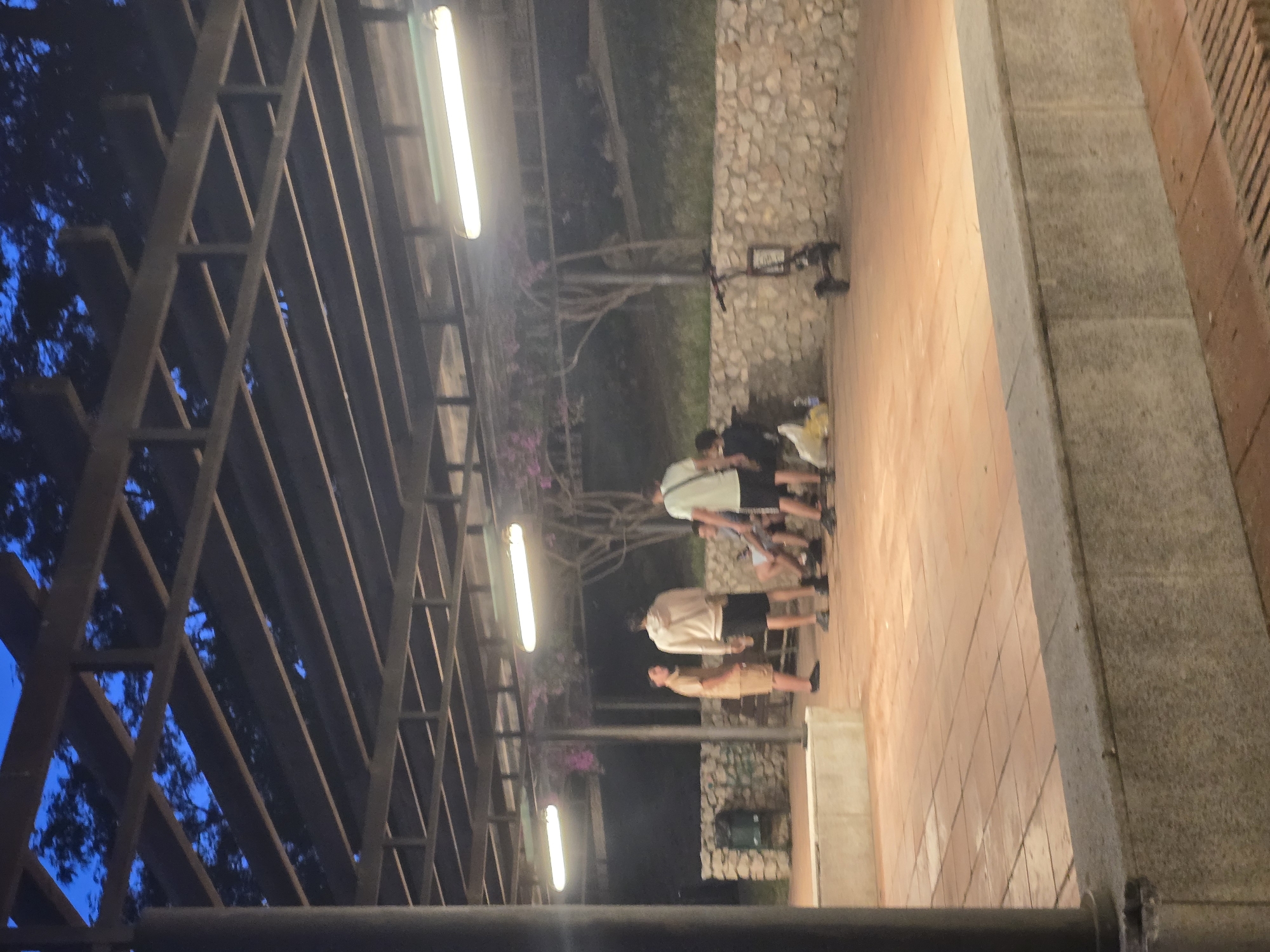 The image shows a group of people standing on a brick-tiled walkway. There are at least five people, of varying heights, dressed in casual clothing. Some are wearing shorts and T-shirts or light jackets. They appear to be in conversation.
Above the walkway, there is a structure of metal beams and supports, with fluorescent lights attached. To the side of the walkway is a stone wall with vegetation. There is also a small piece of equipment visible, possibly a bicycle or scooter.
The scene appears to be set outdoors at night, in Cornellà de Llobregat, Spain. The lighting is provided by the fluorescent lights above, and the sky is dark blue in the background.