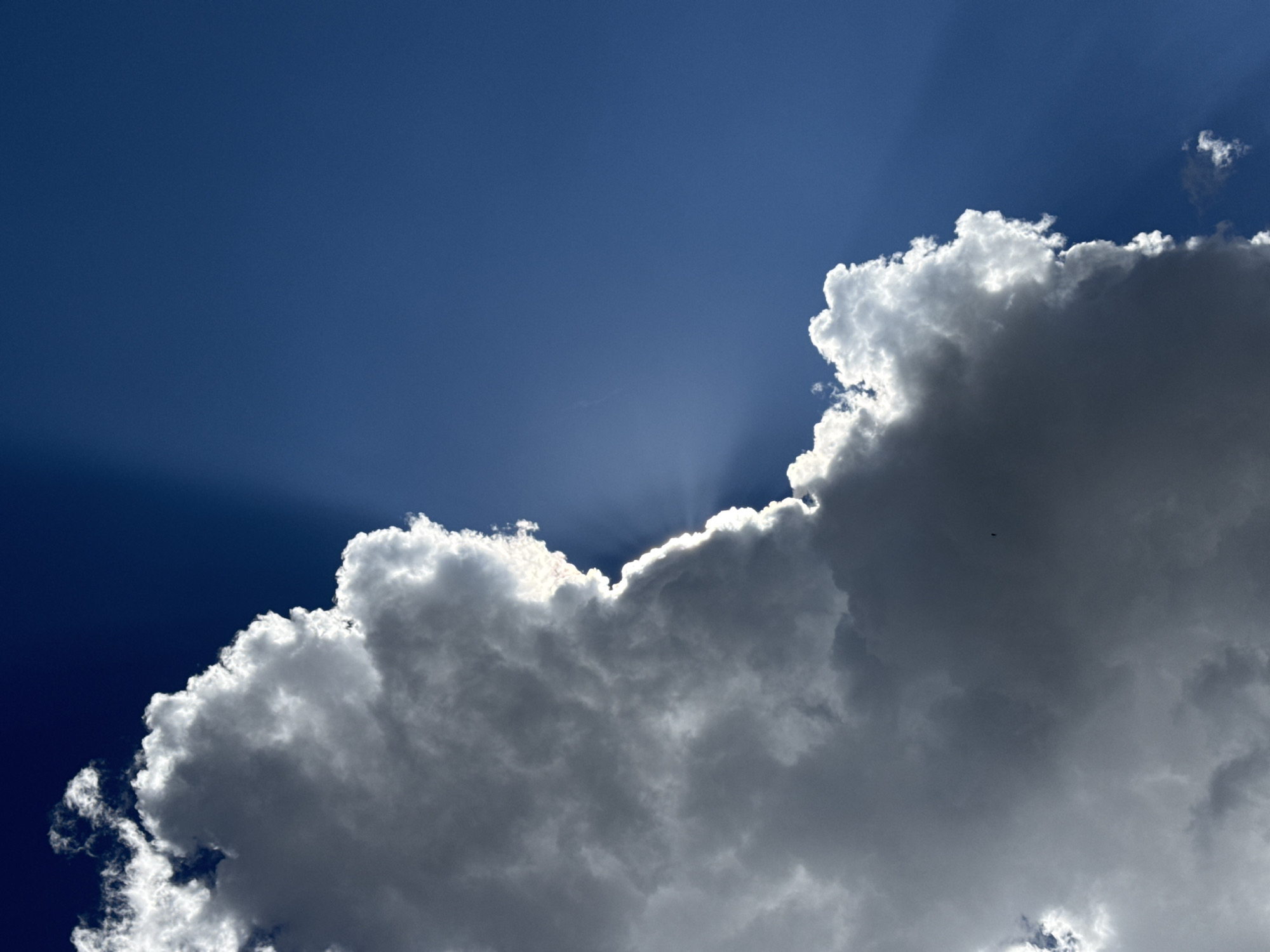 The image shows a dramatic sky with a dark, stormy cloud in the foreground and a bright blue sky in the background. Sunlight is breaking through the edge of the cloud, creating visible sunbeams that radiate outwards. The cloud has a bright, illuminated edge where the sun is shining, contrasting with the darker, shadowed interior. Wispy tendrils of cloud extend from the main mass. The overall impression is one of powerful natural forces at play. The scene is set outdoors, likely in a location with a clear view of the sky, such as an open field or a landscape in Mikhaylovsk, Russia. The presence of dramatic clouds and sunbeams suggests a dynamic weather event, possibly a storm approaching or receding, and the bright sunlight indicates it is daytime. There is no text visible in the image.