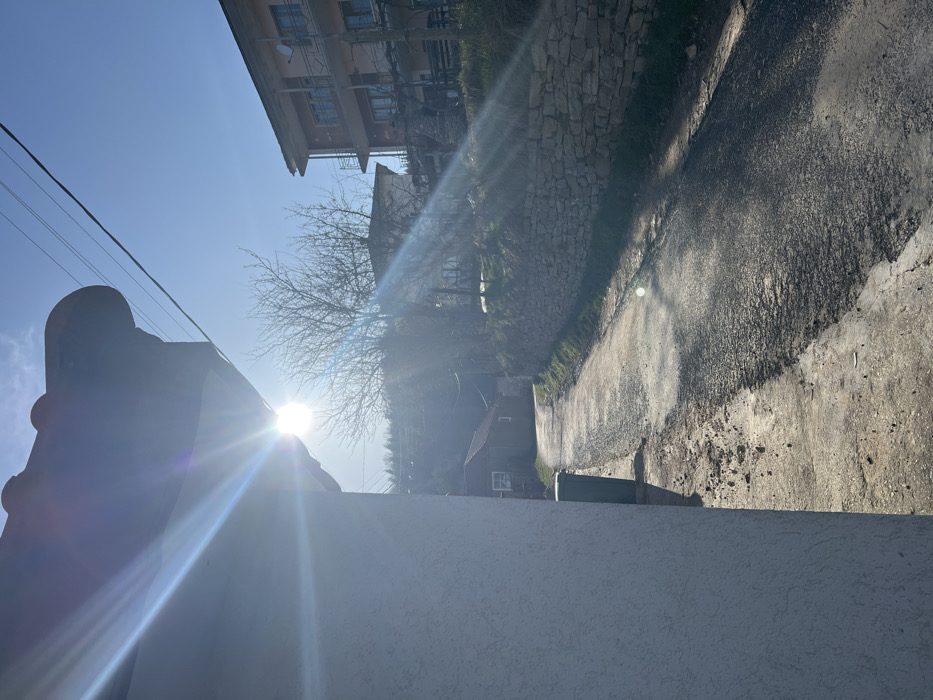 The image depicts a residential street scene in Sedlartsi, Bulgaria, under bright daylight conditions with the sun positioned high in the upper-left quadrant, causing significant lens flare. The perspective is from behind a white stucco building, whose partial wall and a section of its tiled roof are visible on the left foreground. Adjacent to this wall, a dark green refuse bin is partially visible. The immediate ground consists of a concrete slab transitioning into a narrow, asphalt road that curves uphill and away from the viewer.
On the right side of the road, a low retaining wall constructed of stacked natural stone supports an elevated grassy bank with sparse vegetation. Beyond this bank, a multi-story residential building with a light brown facade and multiple balconies with dark railings is situated. A satellite dish is affixed to its upper exterior. Bare deciduous trees are scattered behind the stone wall and near the multi-story house. Further down the curving road on the left, a smaller, single-story house with a reddish-brown exterior and a white-framed window is visible. Utility lines traverse the upper portion of the frame against a clear blue sky. No individuals are present.