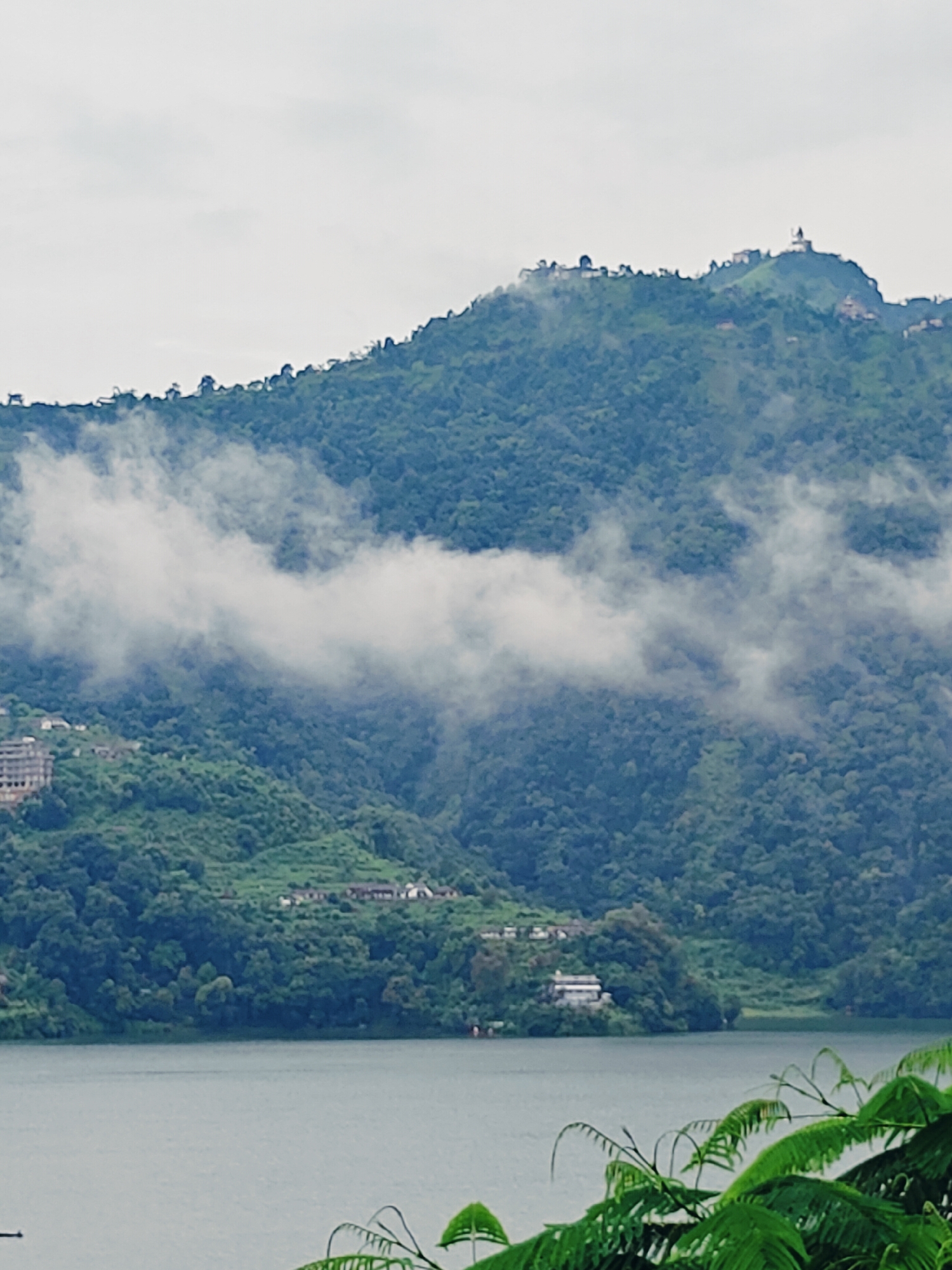 A panoramic view of a lake in Pokhara, Nepal, shows lush green hills dotted with buildings and a white stupa atop the highest peak. Wisps of white clouds drift across the mountainside, partially obscuring the dense vegetation. The calm, gray water of the lake fills the foreground, with vibrant green foliage framing the bottom right corner of the image.