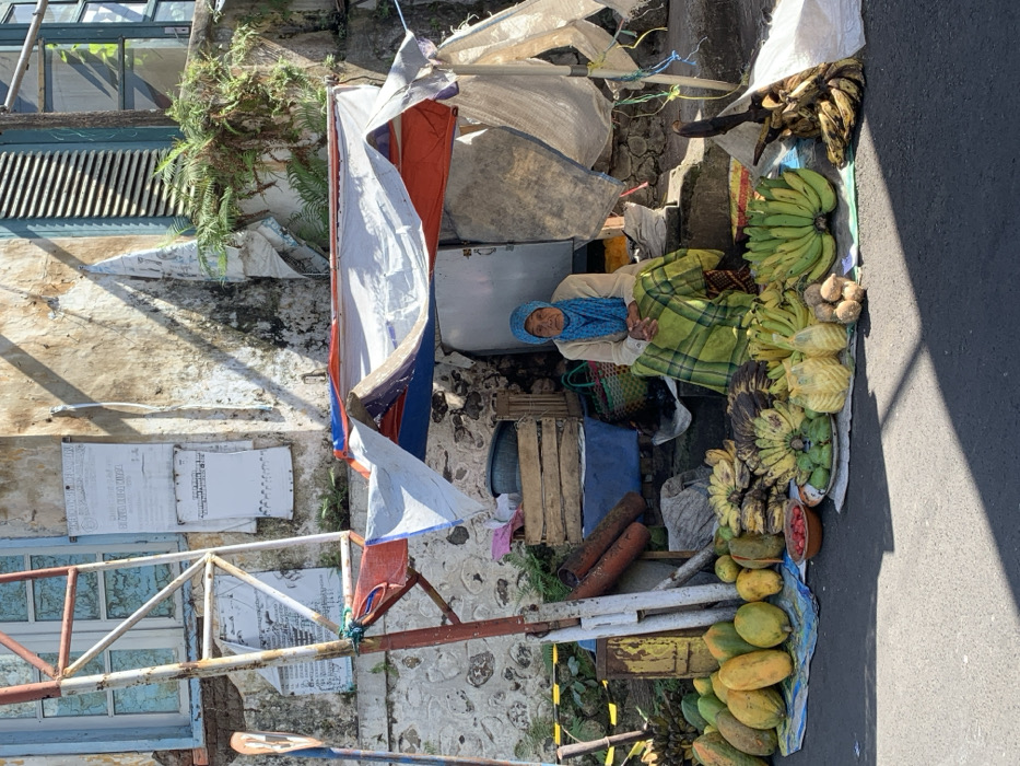 The image displays a street vendor's fruit stall in Lawang, Indonesia, positioned on a paved road against a weathered building facade. An elderly woman is seated centrally beneath an improvised canopy constructed from rusted metal poles and sections of red, white, and blue tarpaulins. She is dressed in a light-colored long-sleeved top, a green and yellow patterned sarong, and a light blue headscarf, with her hands clasped in front of her. On the ground directly before her, a variety of fruits are arranged, including several large bunches of green, yellow, and brown bananas, numerous papayas, green spherical fruits, a small bowl containing red fruit, and assorted root vegetables. Behind the woman, against the stone base and discolored upper wall of the building, are stacked wooden crates, a blue basin, and a metal cabinet. The building's upper facade features a window with peeling white paint on the left and a window with a blue slatted shutter on the right, with multiple weathered papers affixed to the wall. Sunlight illuminates the scene, casting shadows across the foreground pavement.