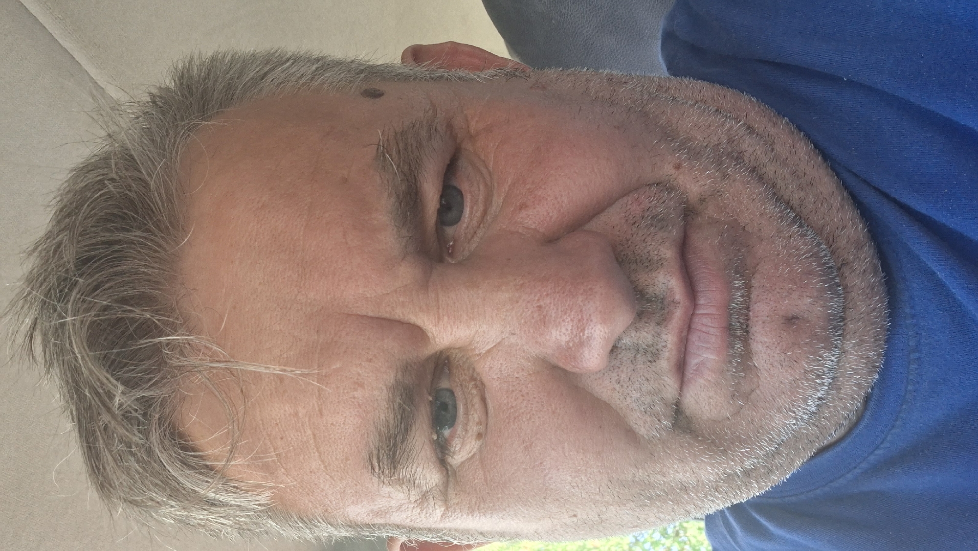 A close-up, waist-up, selfie-style portrait of a middle-aged Caucasian male. The man has short, graying hair, thinning on top, and fair skin. His eyebrows are dark and thick. He has blue eyes and visible wrinkles around his eyes and forehead. His nose is prominent, and his lips are full. He has stubble on his chin and upper lip, with some gray hairs visible. He is wearing a blue t-shirt. The background is blurred, suggesting an indoor setting with a hint of green foliage visible on the left. There is a dark mole on his right temple. The overall lighting appears to be natural daylight. The image does not contain any specific landmarks or elements that would allow for determination of its location within Hîncești, Moldova.
