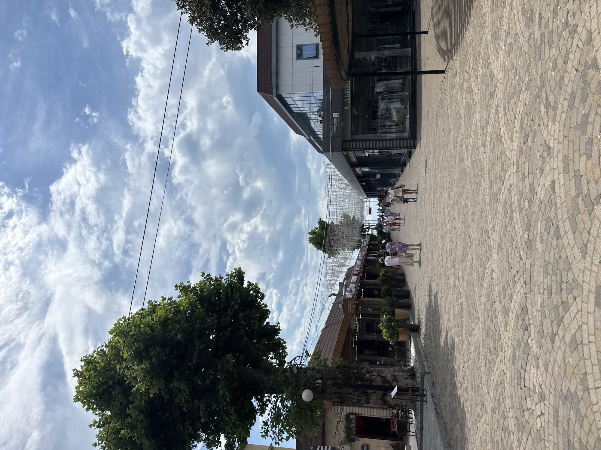 The image depicts a pedestrian street in Sochi, Russia, likely in a commercial area, possibly near a promenade. The street is paved with interlocking stones arranged in a curved pattern. On the left side, a large, mature tree with dense foliage stands prominently, casting a shadow on the pavement. Adjacent to the tree are several storefronts with awnings and outdoor seating. On the right side of the street, there are more modern commercial buildings with large glass windows displaying merchandise, suggesting shops or boutiques. In the background, strings of decorative lights are visible, spanning across the street, indicating a festive or decorative purpose, common in tourist areas. A number of people are walking along the street, some dressed in casual summer attire, suggesting a warm day. The sky above is partly cloudy with a mix of blue sky and white clouds. The overall scene suggests a lively, outdoor commercial environment suitable for leisurely strolls and shopping.