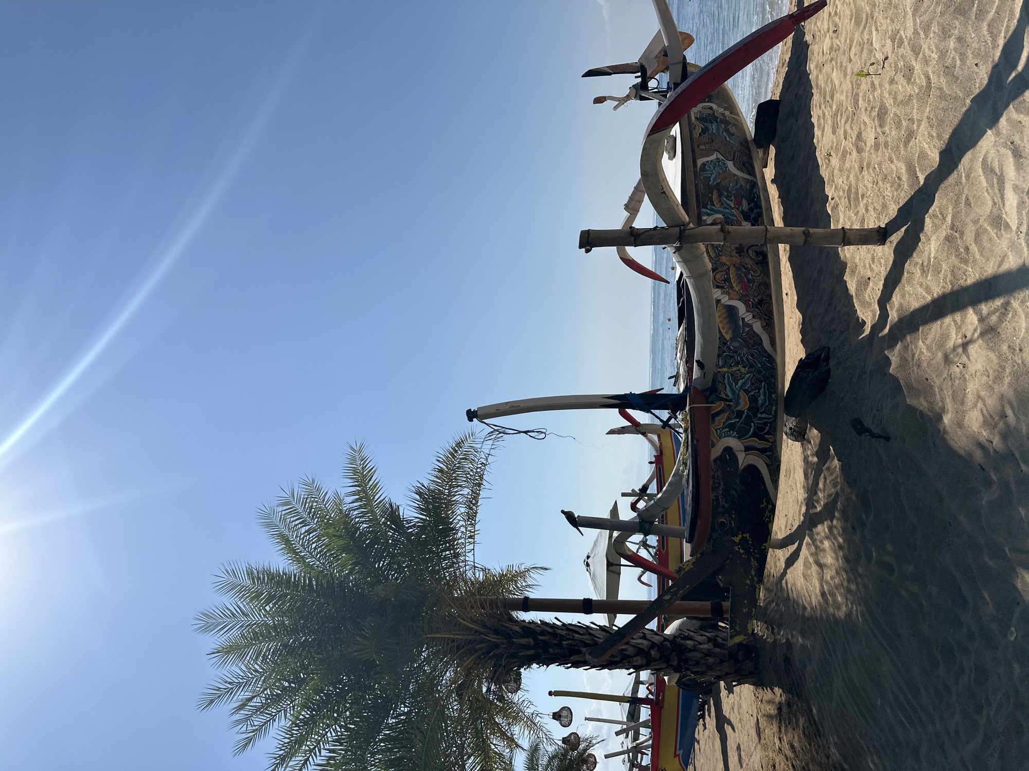 A bright, sunny day illuminates a beach scene in Denpasar, Indonesia, showcasing traditional outrigger boats on the sand. A palm tree stands prominently on the left, its fronds casting dappled shadows on the golden sand. The boats, adorned with colorful, intricate paintings depicting mythical creatures, are lined up along the shore. Some boats feature decorative outriggers made of bamboo and painted wood. In the background, the calm, blue ocean meets the horizon under a clear sky. Sunlight flares across the upper portion of the image, suggesting a high sun position. A bird is perched on a wooden pole in the foreground. The overall atmosphere is one of tranquility and cultural heritage.