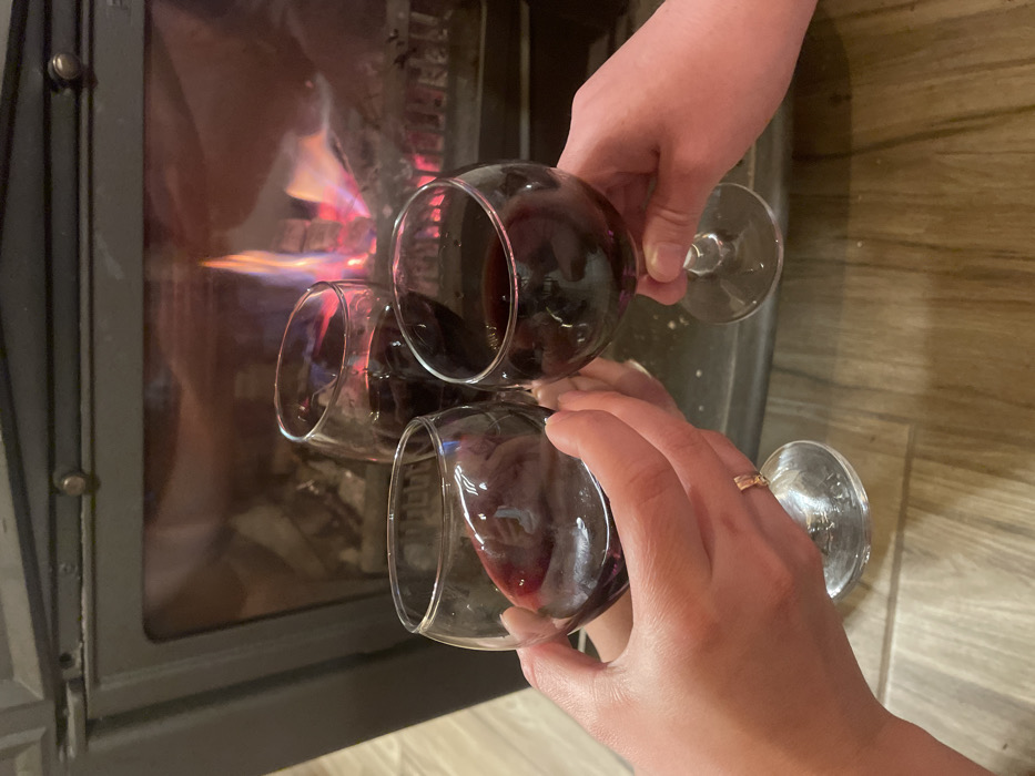In Palež, Montenegro, three hands are positioned in the foreground, each holding a clear, stemmed wine glass filled with a dark red liquid. The glasses are tilted inwards, with their rims touching, indicating a toast. The hand on the left wears a gold-colored ring on the fourth finger. In the background, a dark metallic wood-burning fireplace or stove with a clear glass front is visible, containing an active fire with prominent orange, red, and blue flames and glowing embers. The floor beneath the glasses appears to be light-colored wooden or laminate material.
