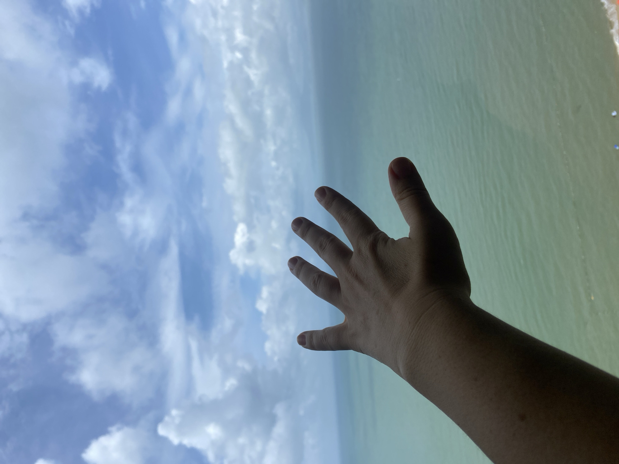 A person's arm and hand are in the foreground, reaching out towards a vast expanse of ocean under a cloudy sky. The arm is angled diagonally from the lower left to the upper right of the frame, with the hand open and fingers spread. The skin tone appears to be light to medium. The ocean is a calm, greenish-blue, stretching to the horizon where it meets a hazy sky filled with white and gray clouds. The image does not provide any specific identifiable landmarks or features to determine a precise location within Huizhou, China.
