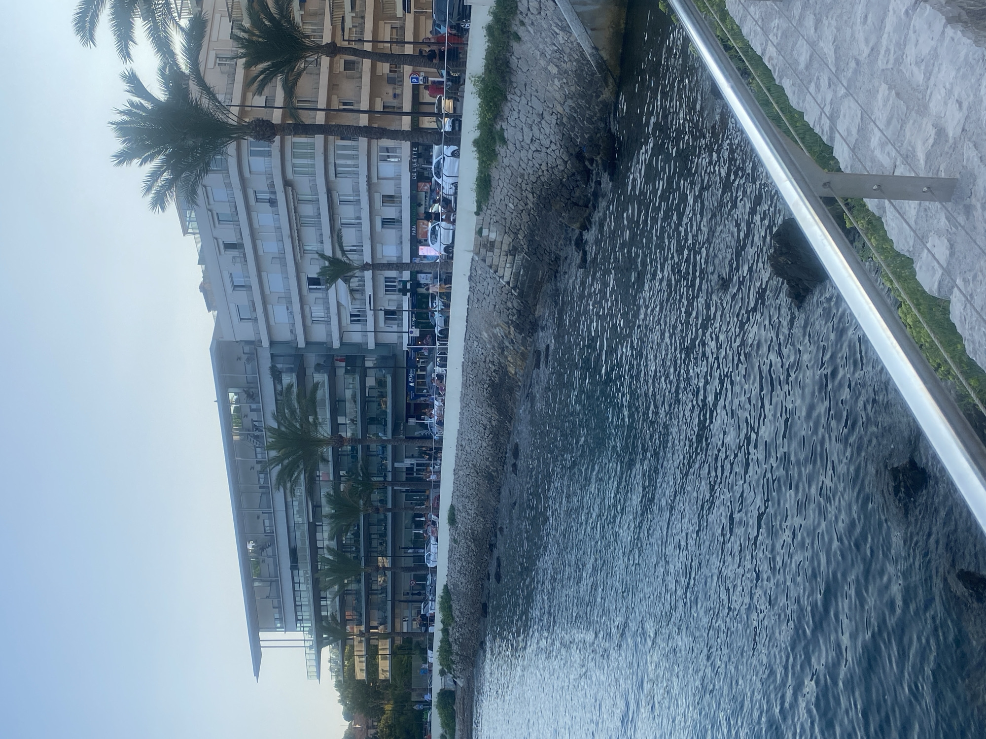 The image captures a waterfront scene in Antibes, France, with a focus on a modern multi-story building lining the promenade. The building features a glass facade on the upper levels, with balconies and windows visible. Palm trees are interspersed along the front of the building, casting shadows on the walkway. Several cars are parked along the street in front of the building, and a few people are visible walking or sitting on benches. The sea is in the foreground, with gentle waves lapping against a rocky shore and a stone embankment. A metallic railing runs along the edge of the paved walkway in the lower right portion of the image, suggesting this is a pedestrian area overlooking the water. The sky is a pale blue, indicating it is likely late afternoon or early morning.