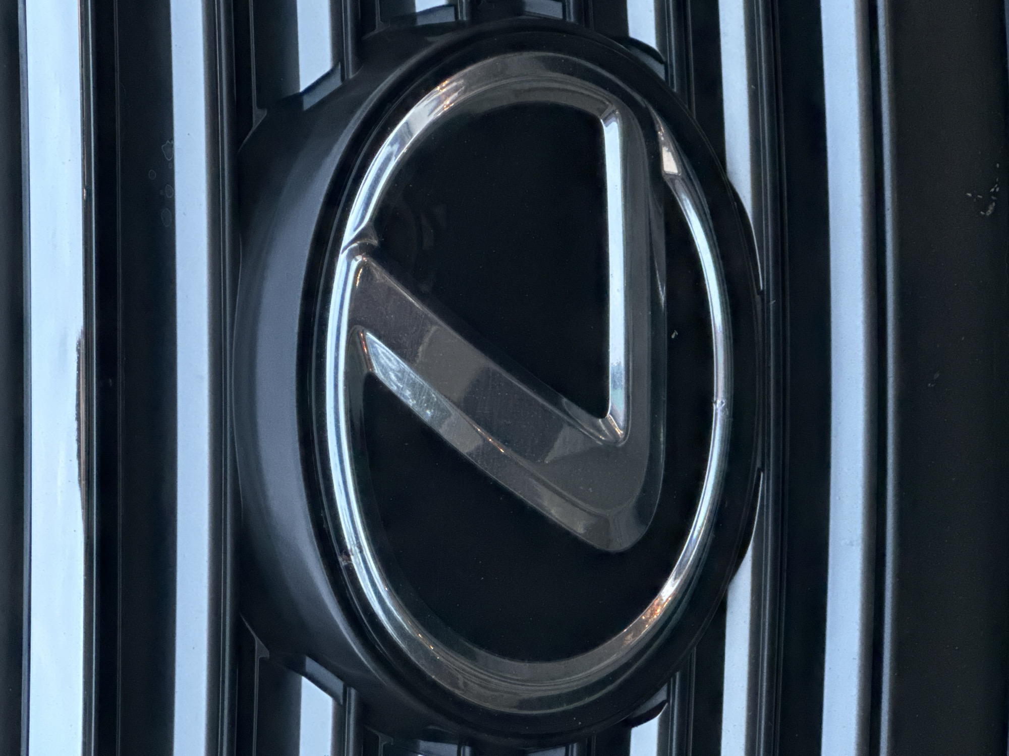 The image shows the front grille of a Lexus vehicle, with the car's logo prominently centered. The grille has vertical slats, and the logo is a stylized "L" enclosed within an oval. The photo appears to have been taken at close range, focusing on the details of the grille and logo. There is no verifiable information that the image was taken in Новоглаголево, Russia.