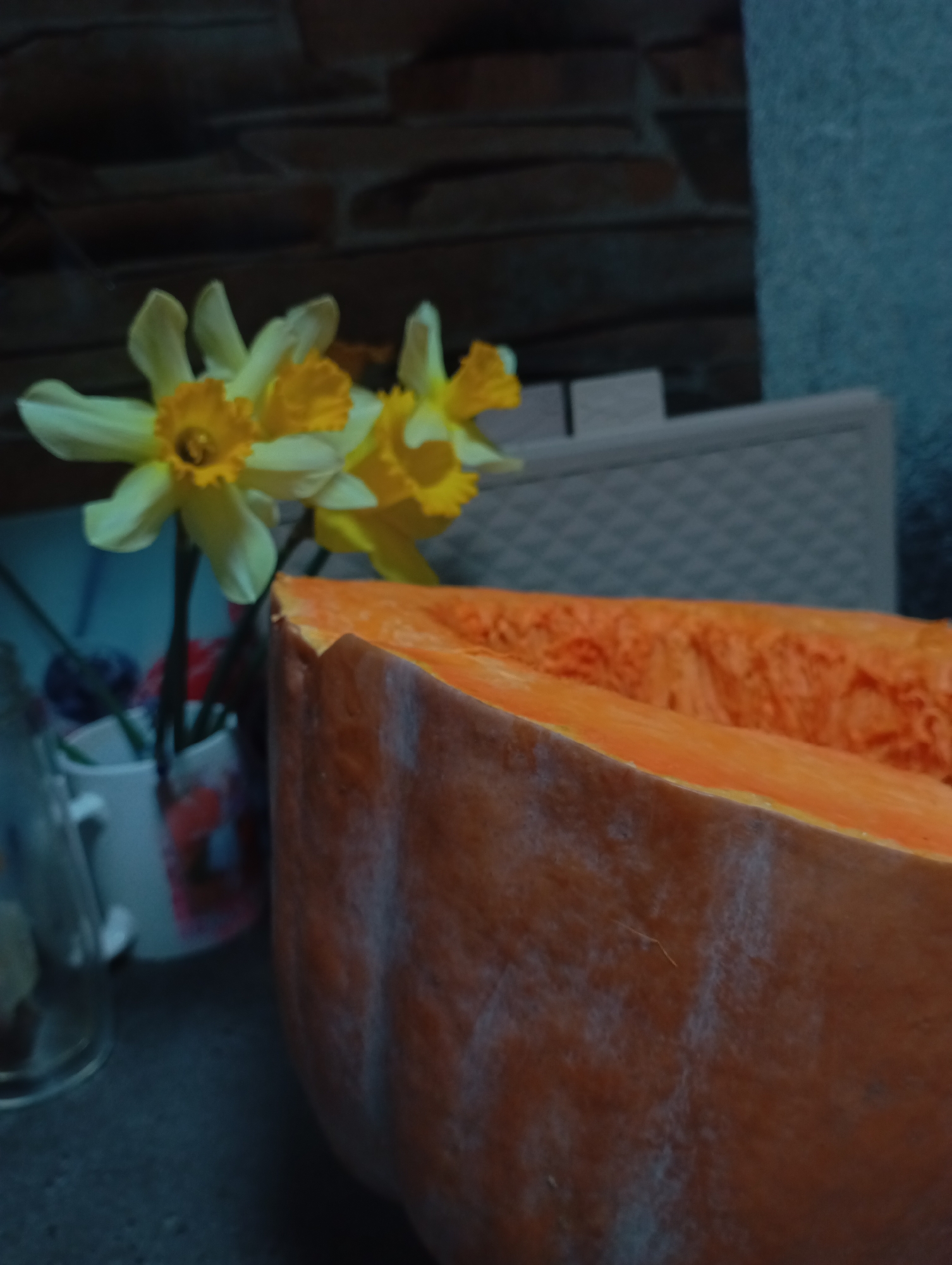 The image displays an indoor scene within Kurganinsk, Russia. A large orange pumpkin, cut lengthwise, dominates the lower right and central frame, exposing its fibrous, orange internal pulp. The pumpkin's exterior skin is a muted orange-brown with visible lighter-colored surface deposits. To the left of the pumpkin, a bouquet of several yellow and white daffodils, featuring distinct yellow central coronas, is arranged in a light-colored, cylindrical mug-like vessel. The background is out of focus and comprises a dark, brick-patterned wall or surface in the upper left quadrant. A light-colored object with a textured, possibly woven, pattern is visible behind the pumpkin to the right. A vertical, plain grey structural element appears on the far right edge of the frame. A blurred blue-toned surface is discernible behind the floral arrangement. No human subjects are present, and no actions are depicted. The scene is static and illuminated by low ambient light.