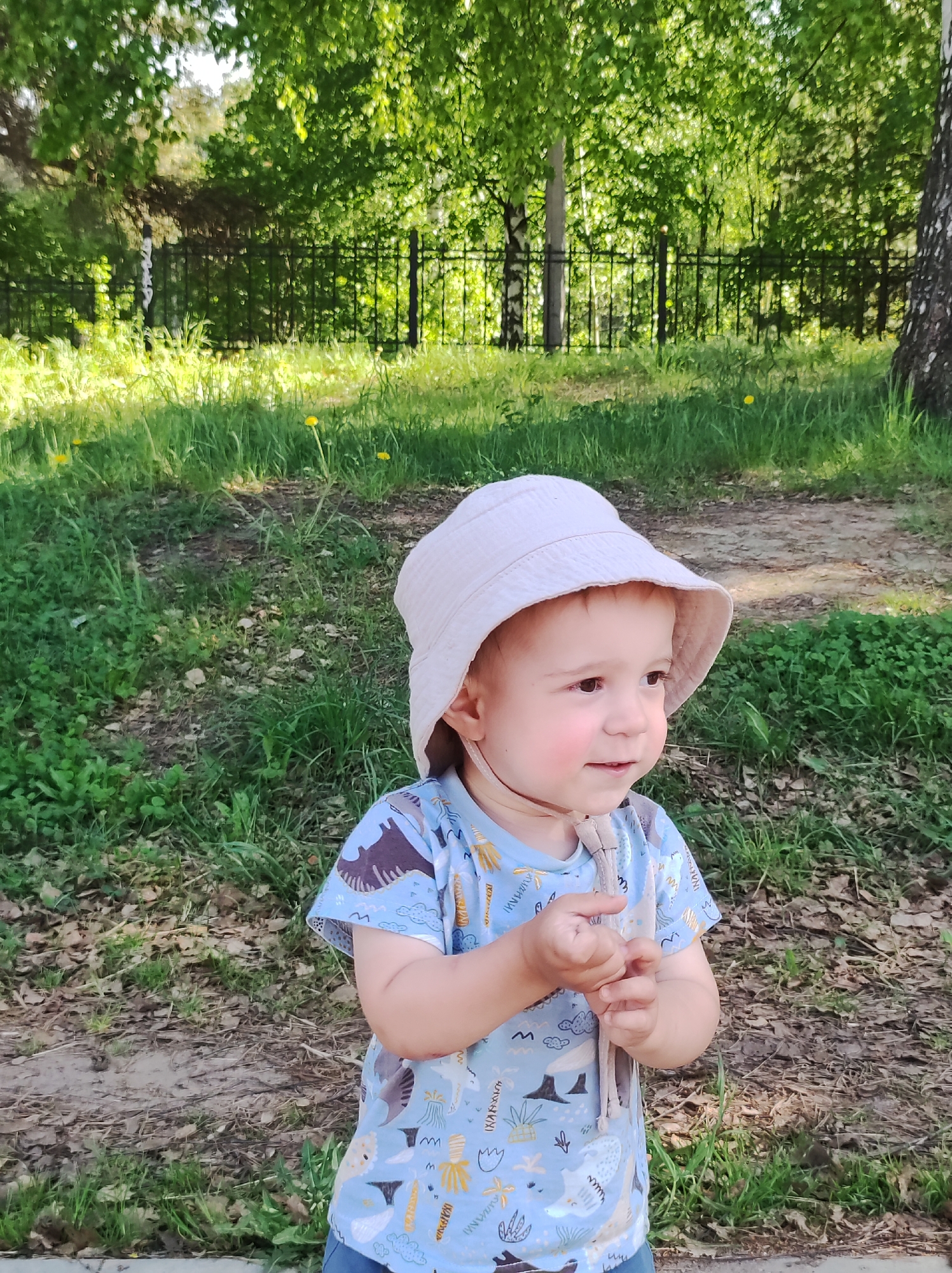 A toddler is standing in a grassy area on a sunny day. The child is wearing a light-colored bucket hat, a blue t-shirt with dinosaur and volcano graphics, and blue pants. The child is fair-skinned with rosy cheeks. The background includes a black metal fence, green grass, dandelions, trees with green leaves, and a tree trunk. The location is possibly in or around the city of Chaikovsky, Russia.